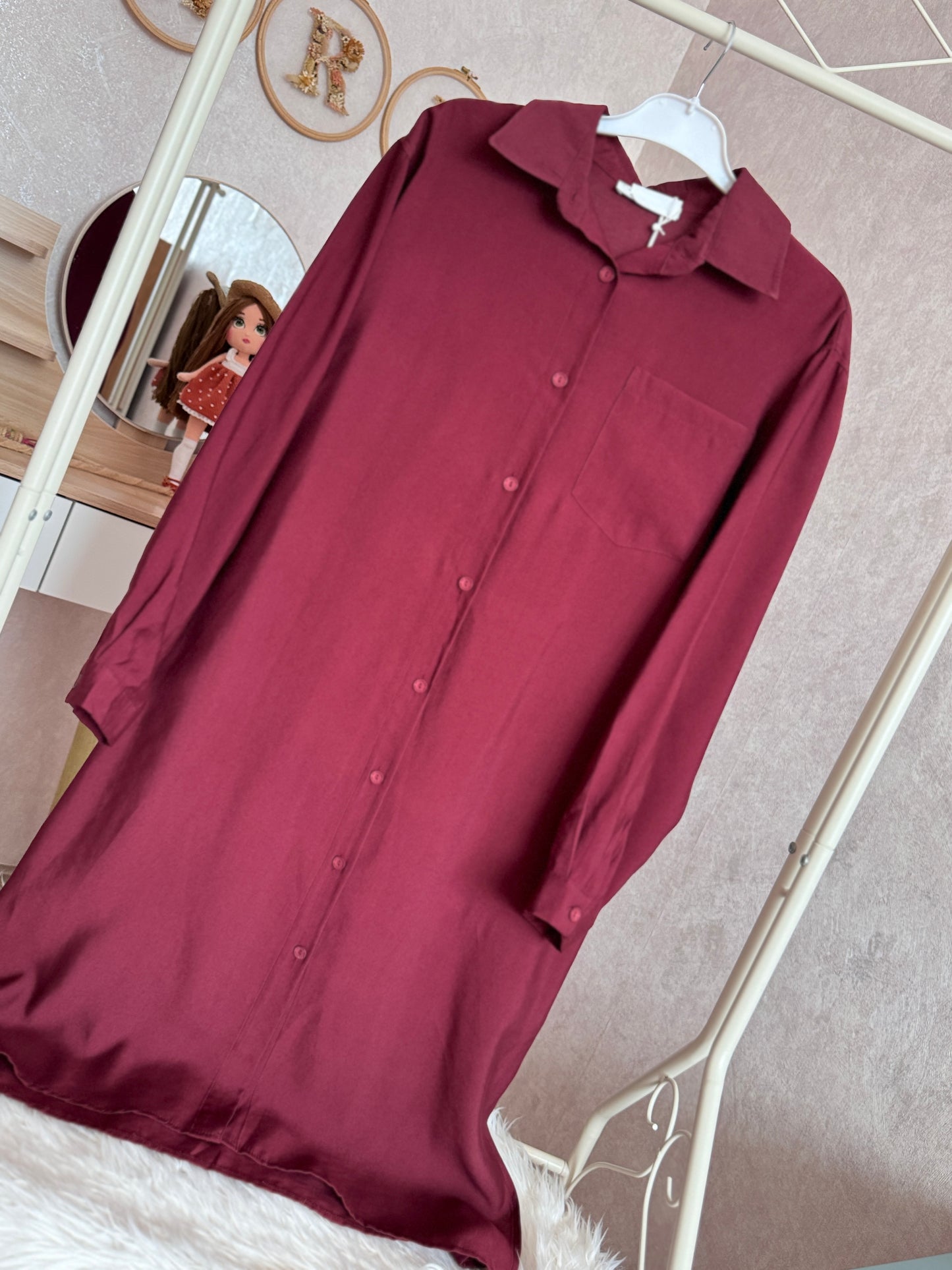 Modal kumaş düz gömlek tunik, bordo