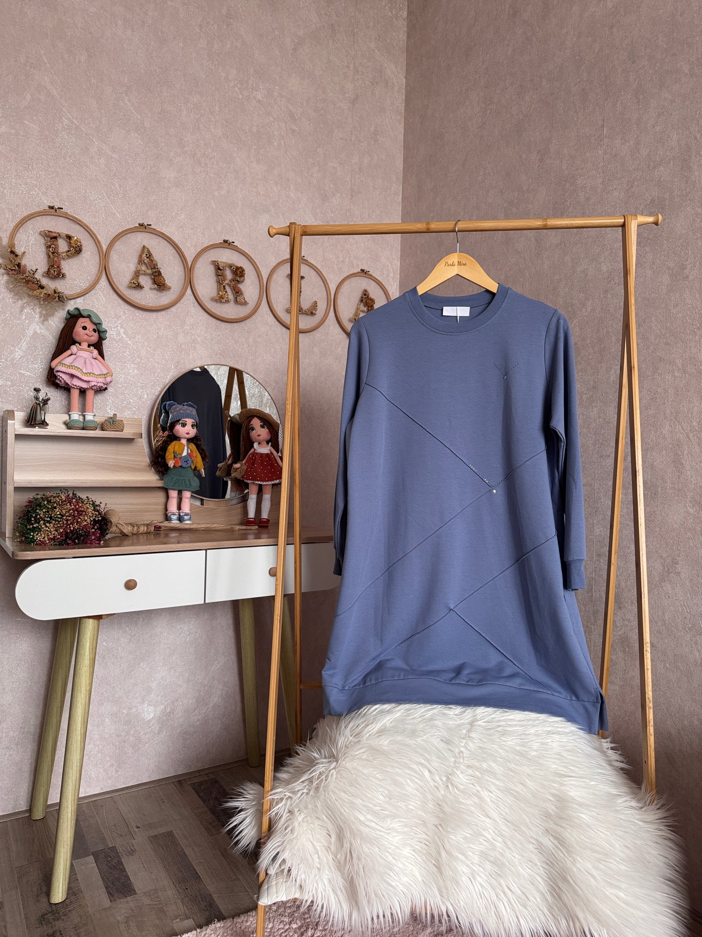 Önden dikiş ve taş detaylı tunik, mavi (40-46 beden)