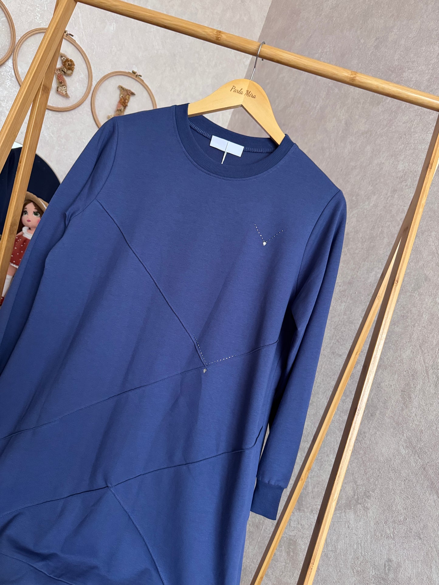 Önden dikiş ve taş detaylı tunik, indigo (40-46 beden)
