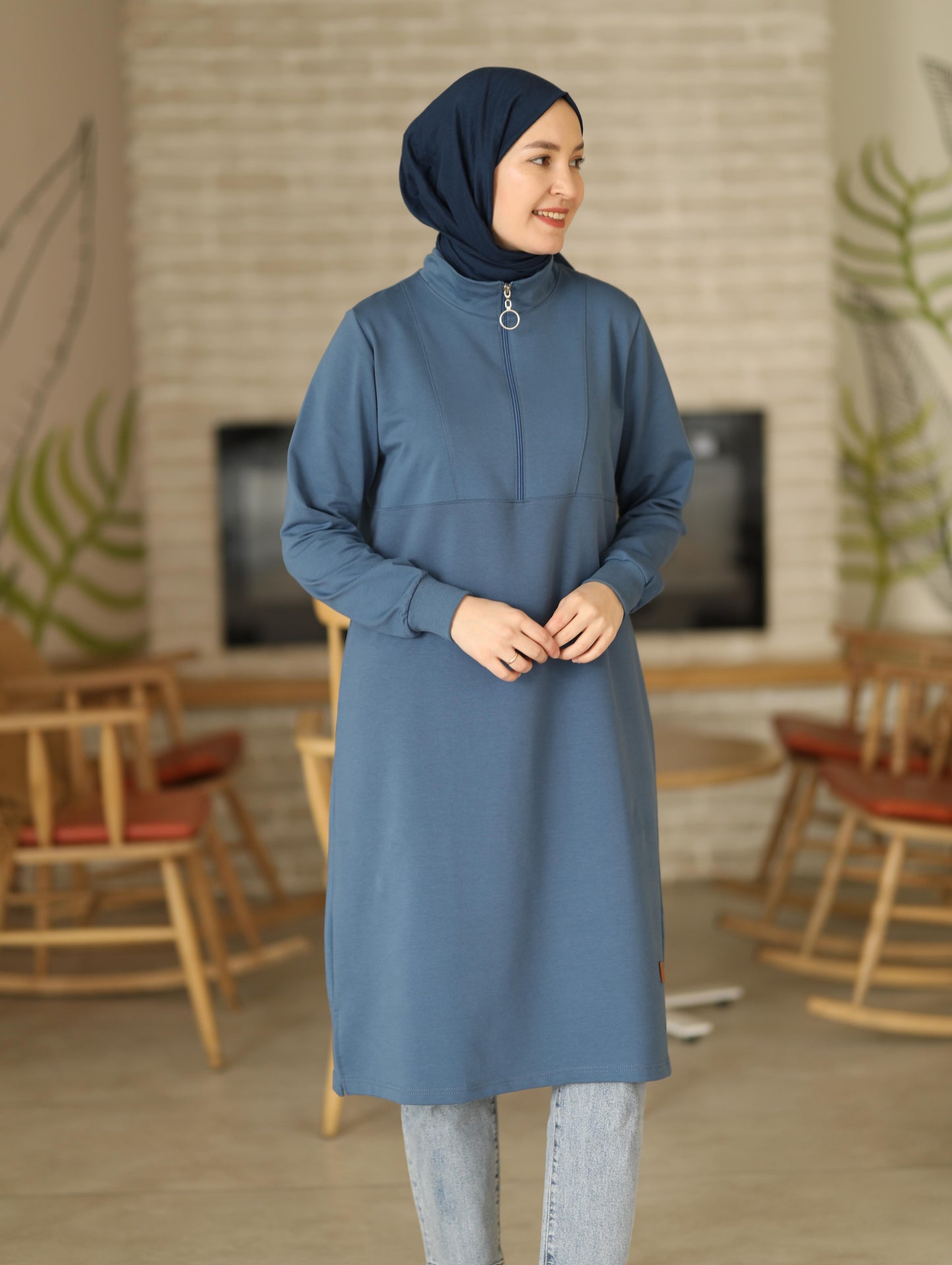 Yarım fermuarlı 110 cm sweat tunik, indigo