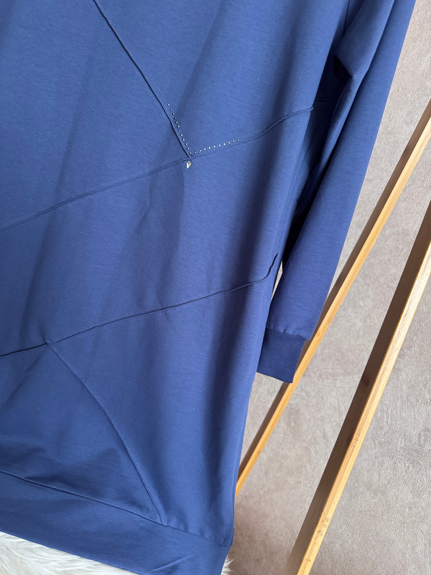 Önden dikiş ve taş detaylı tunik, indigo (40-46 beden)