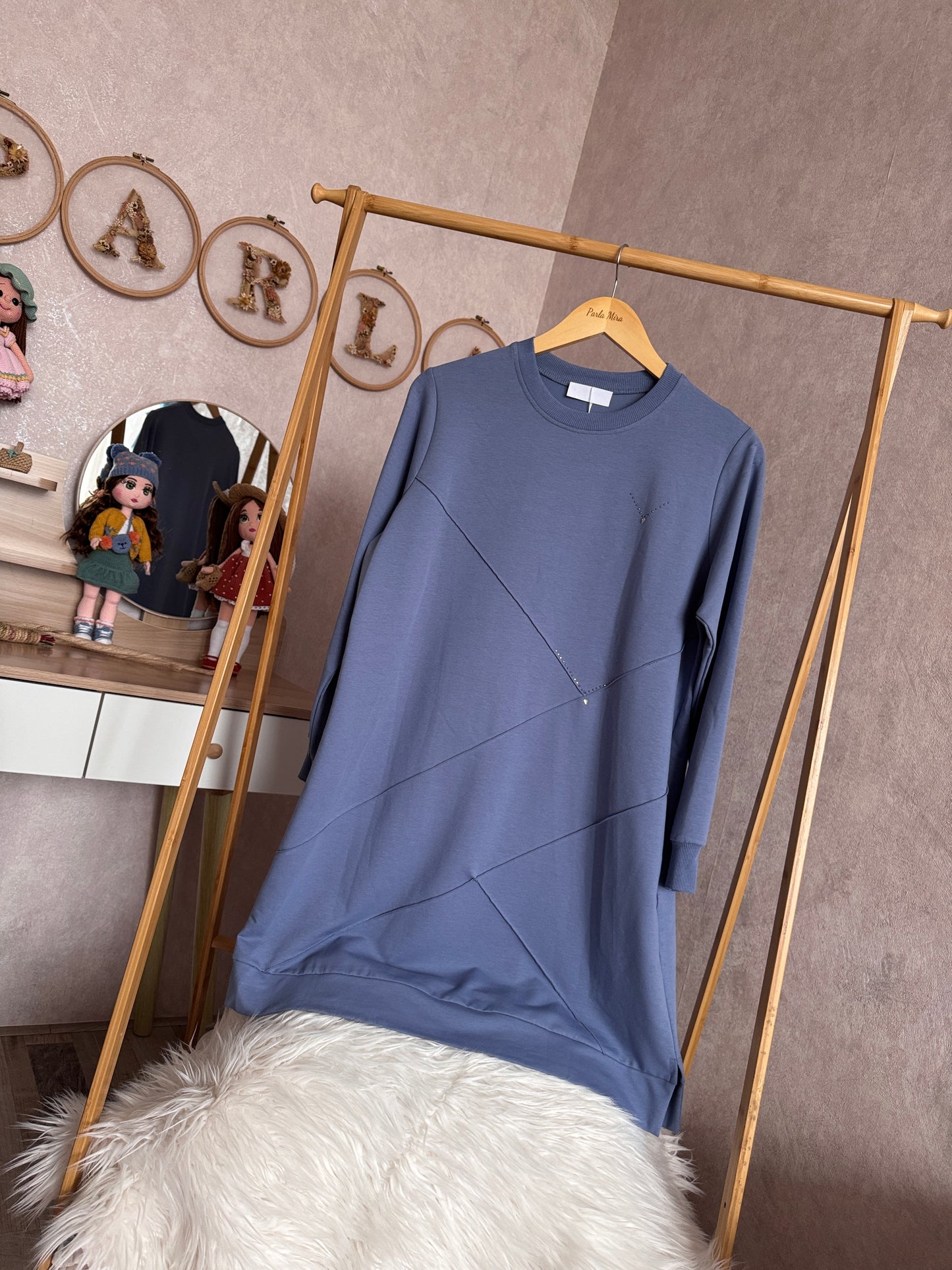 Önden dikiş ve taş detaylı tunik, mavi (40-46 beden)