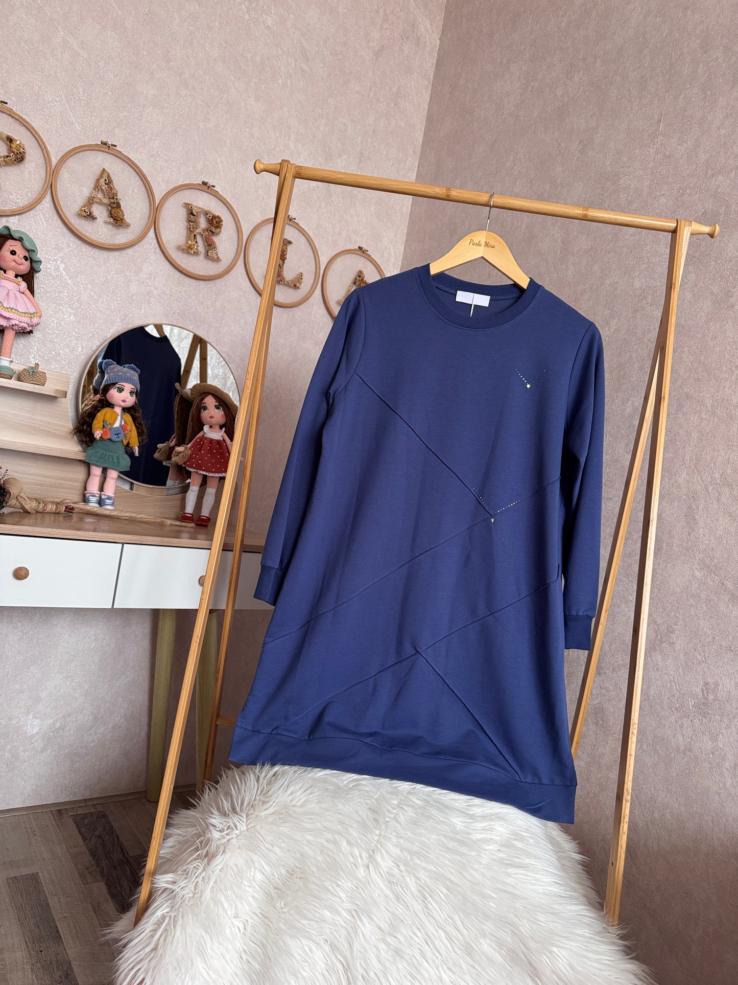 Önden dikiş ve taş detaylı tunik, indigo (40-46 beden)