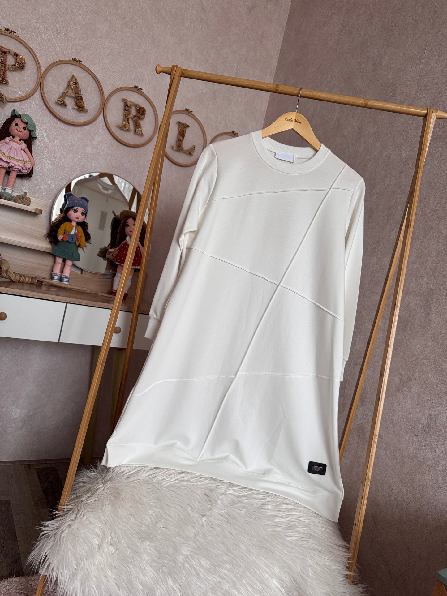 Önden dikiş detaylı tunik, beyaz ( 42-48 beden)