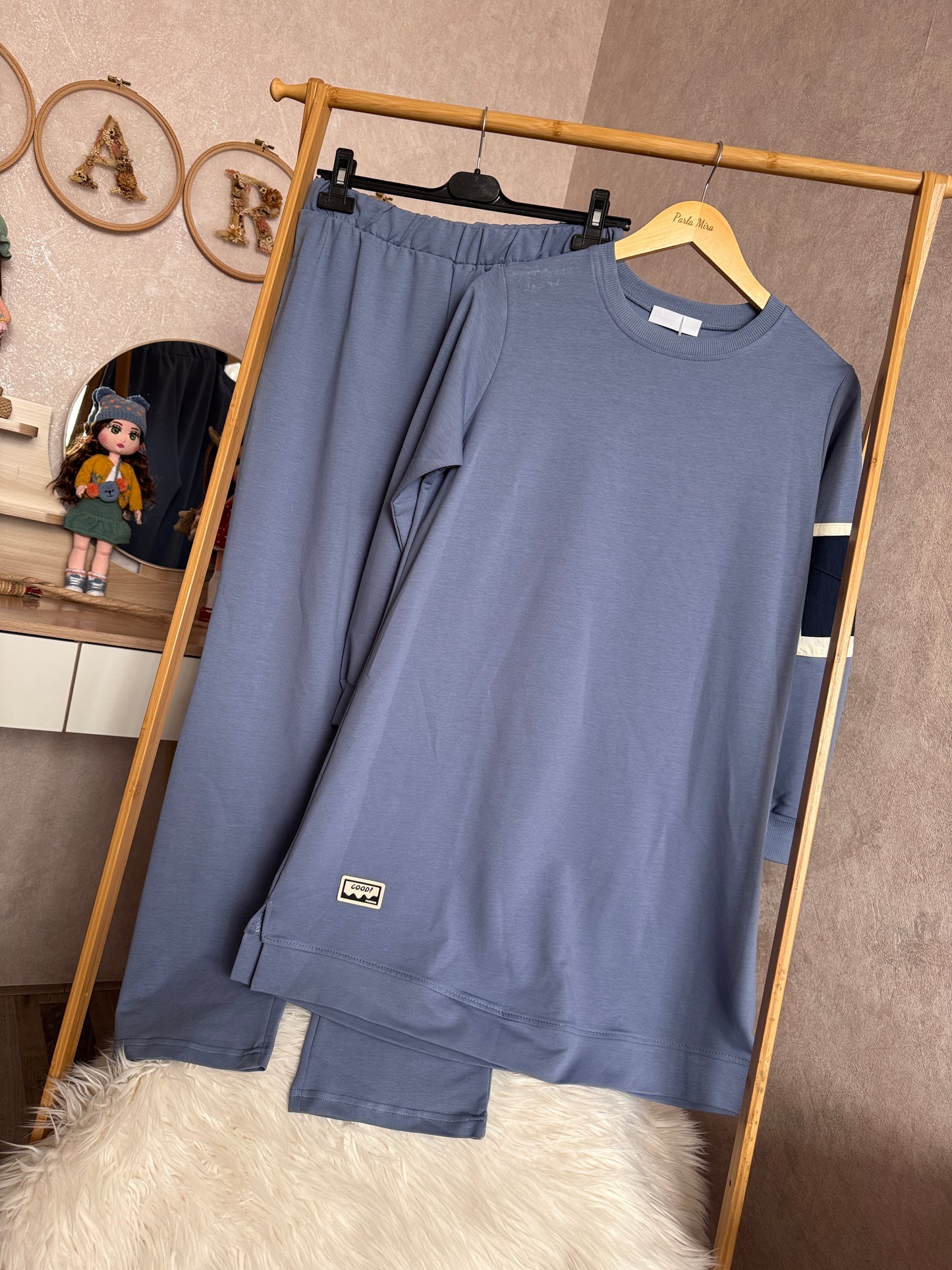 Tunik kolu cep detaylı takım mavi (40-46 beden)