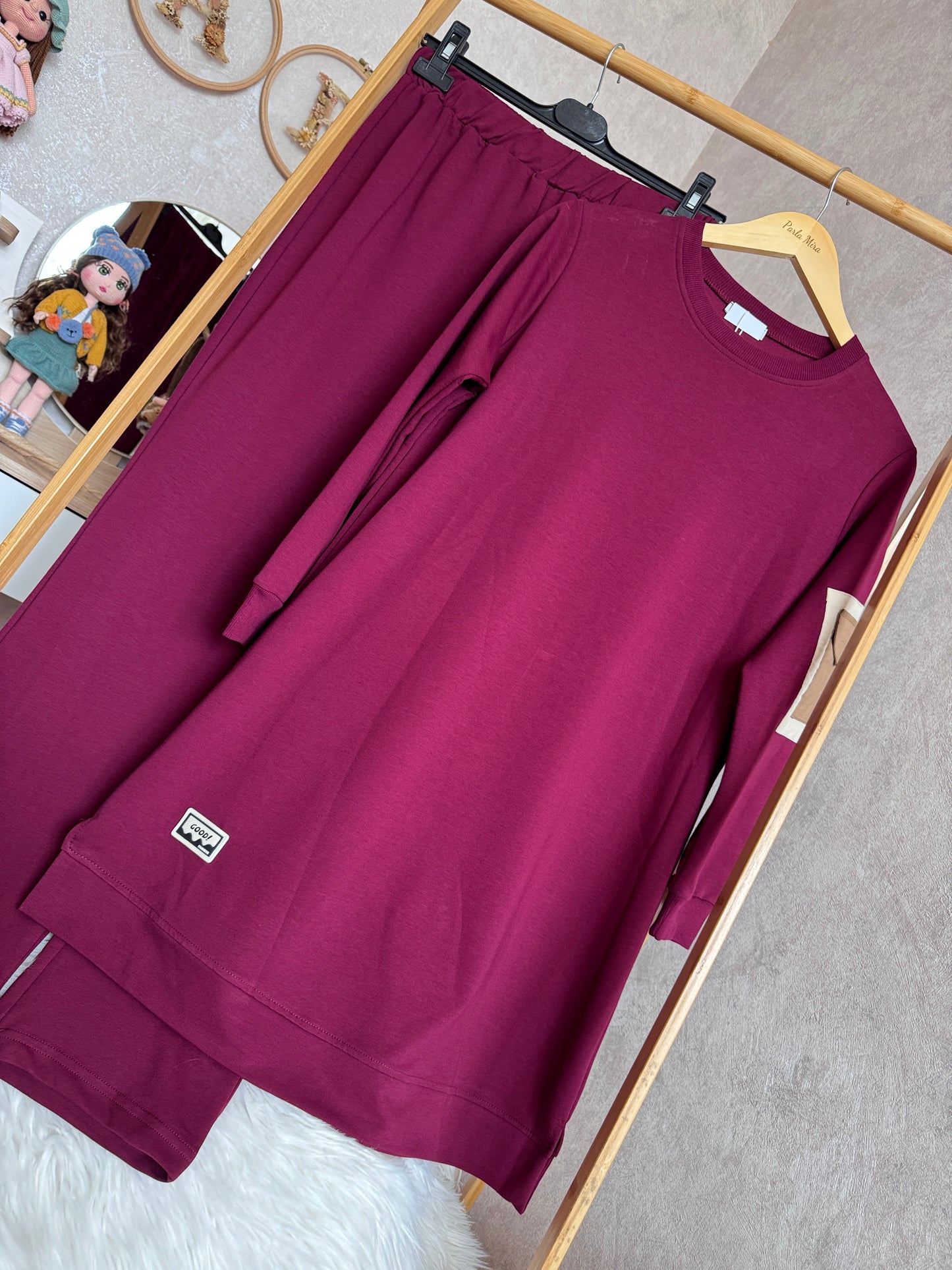 Tunik kolu cep detaylı takım bordo (40-46 beden)