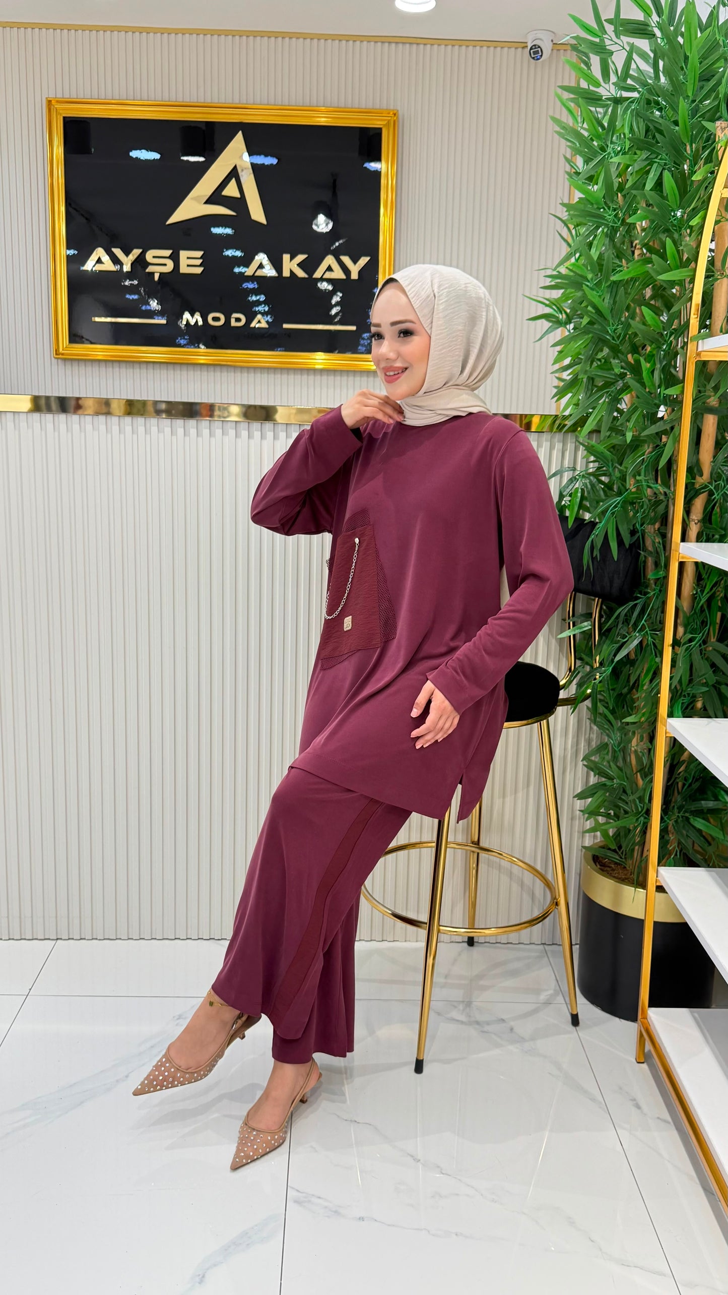 İnce bambu kumaş, zincir detaylı takım, mürdüm
