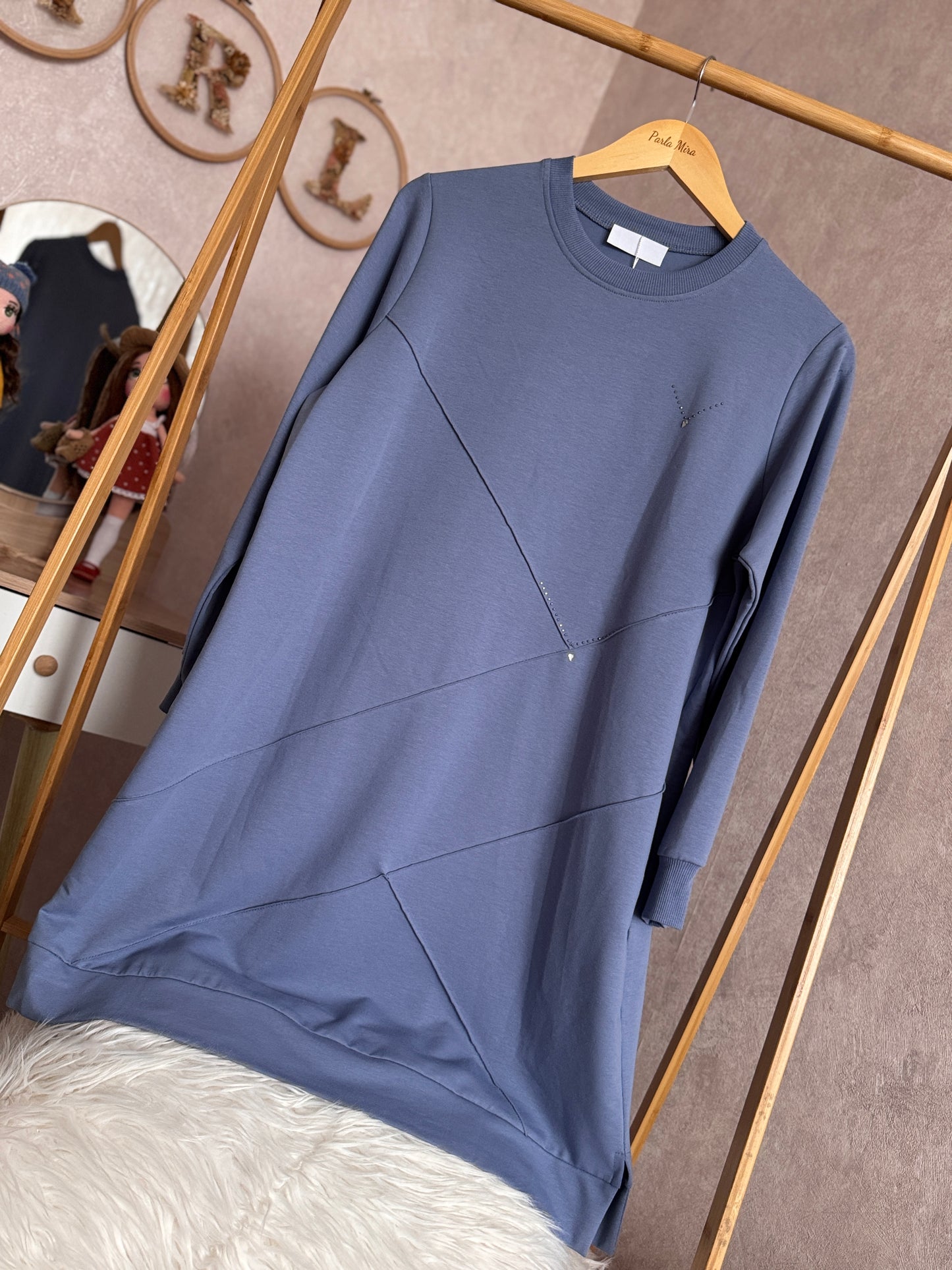 Önden dikiş ve taş detaylı tunik, mavi (40-46 beden)