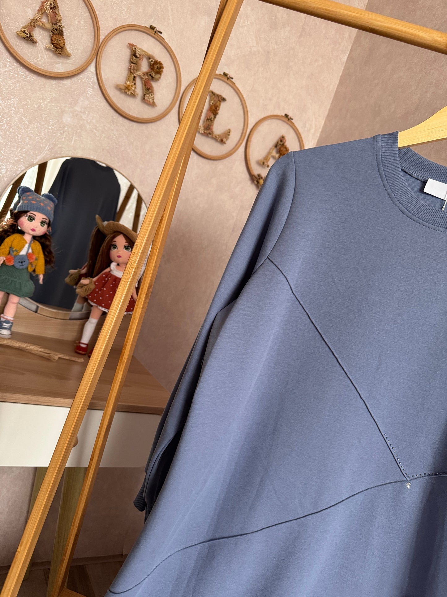 Önden dikiş ve taş detaylı tunik, mavi (40-46 beden)