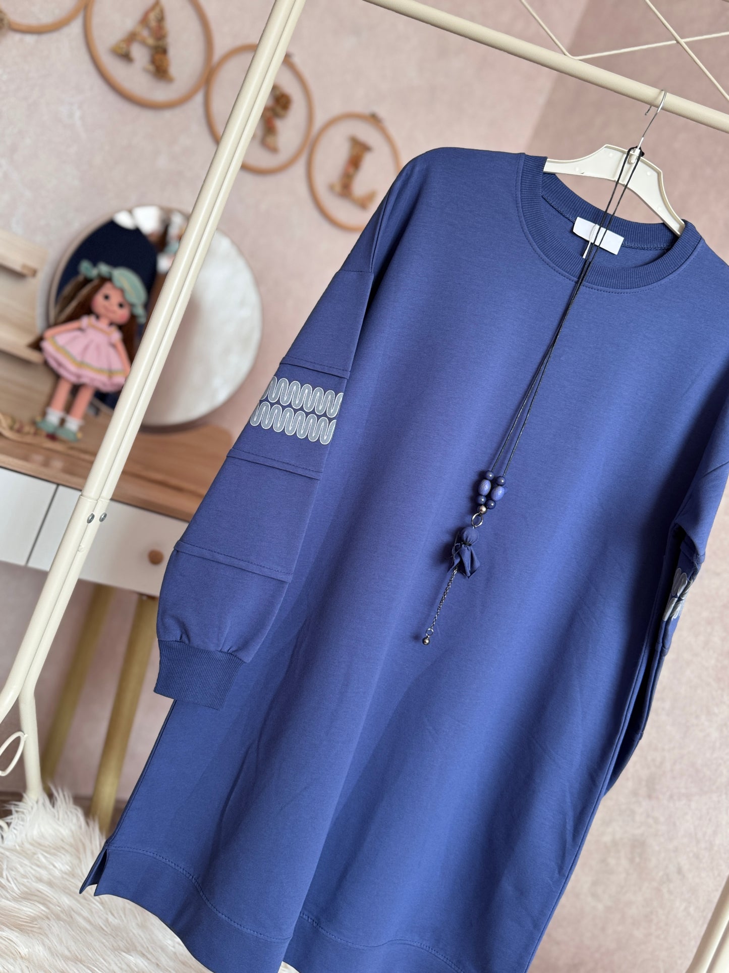 İki iplik penye tunik, kolları zikzak detaylı, indigo