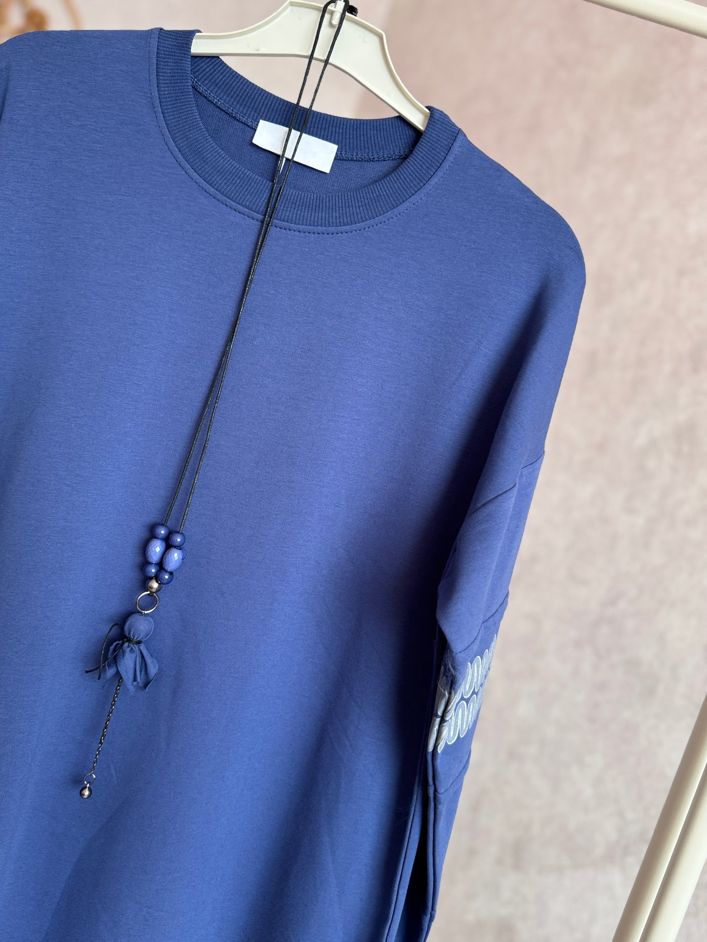 İki iplik penye tunik, kolları zikzak detaylı, indigo
