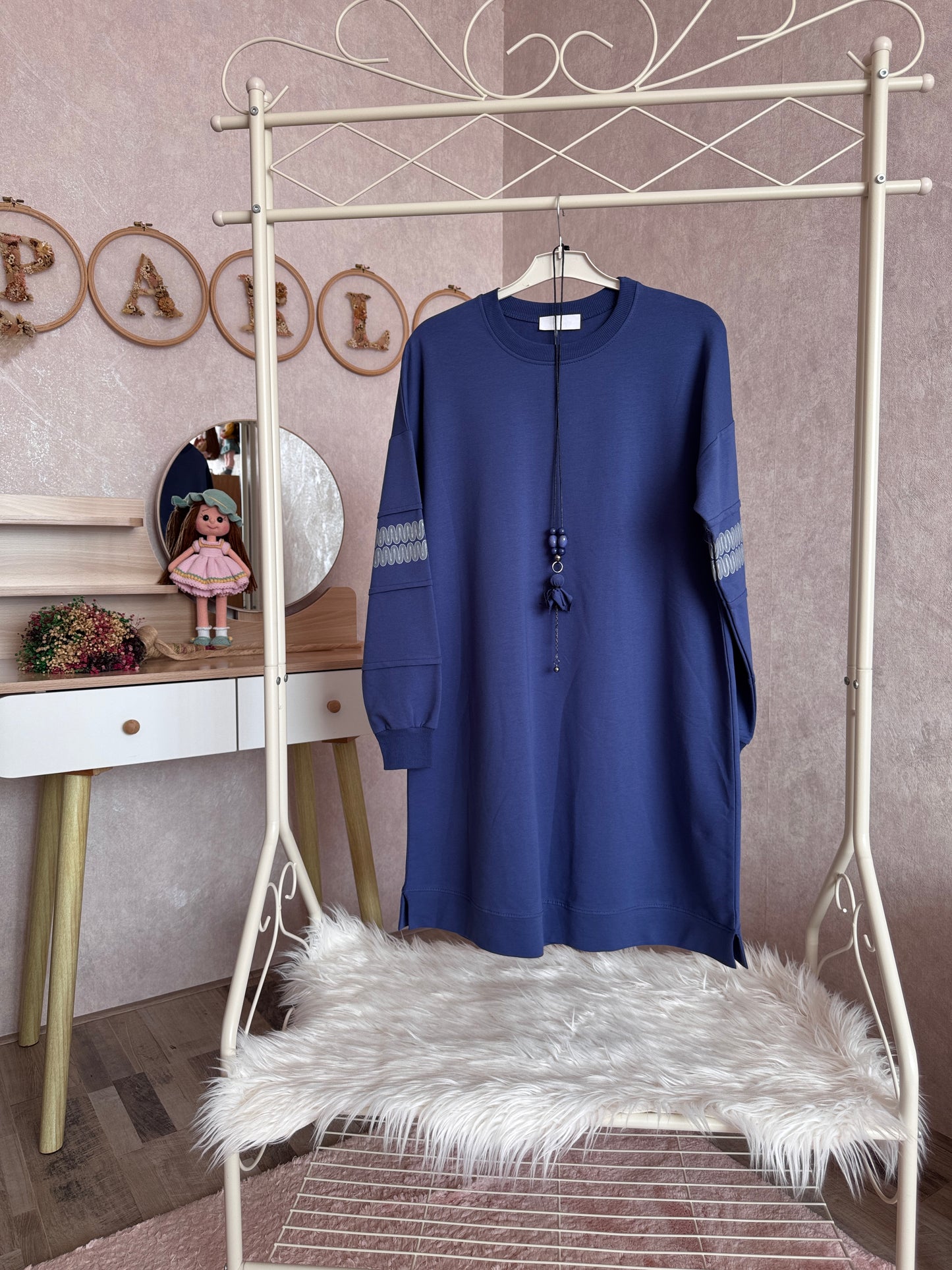 İki iplik penye tunik, kolları zikzak detaylı, indigo