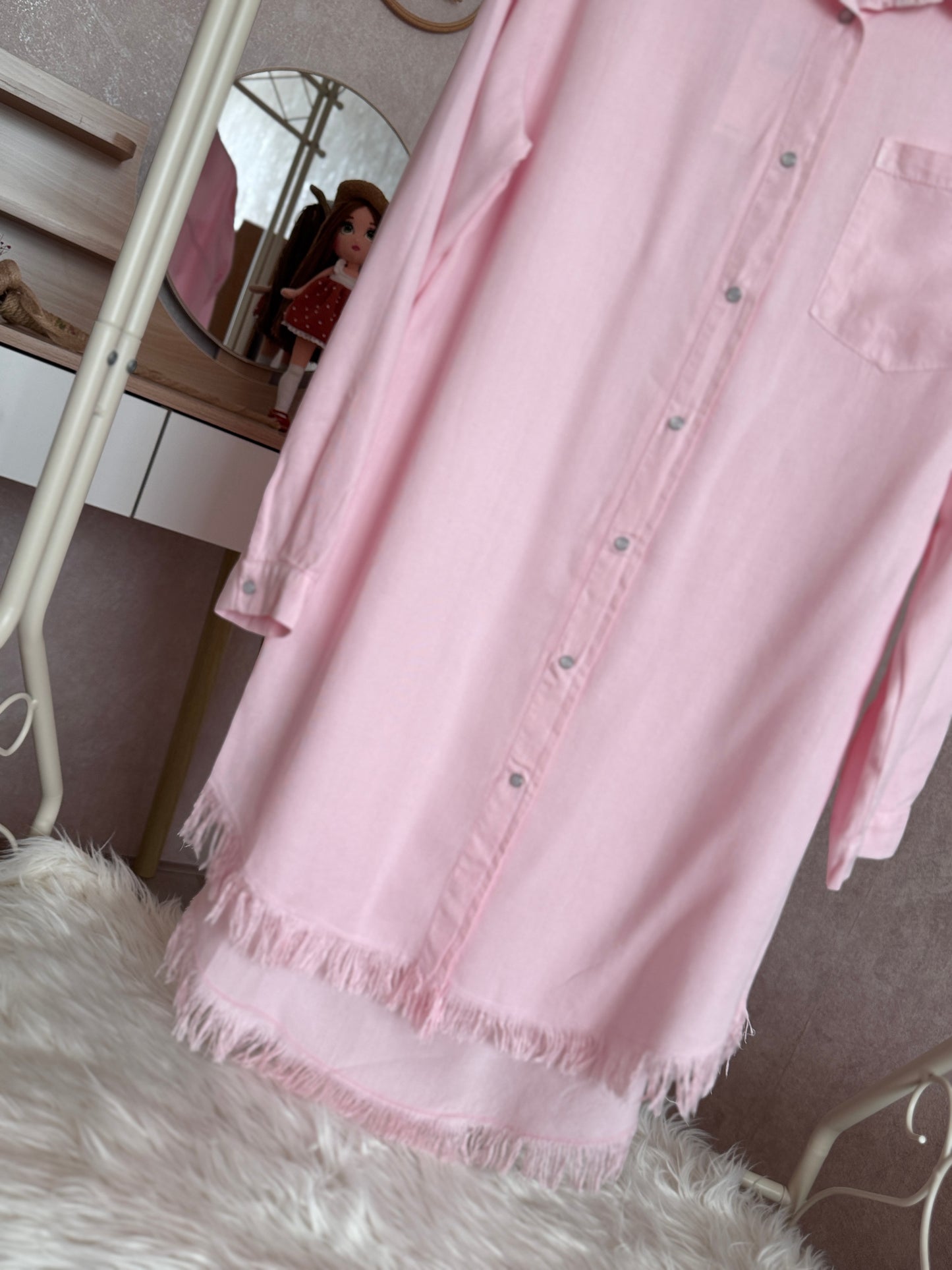 Tensel kumaş püsküllü gömlek tunik, pembe
