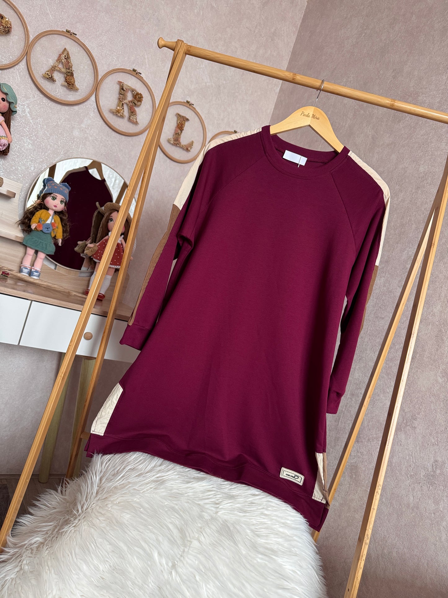 Kol ve omuz paraşüt detaylı tunik, bordo (42-48 beden)