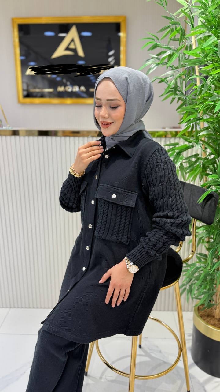 %100 pamuk kumaş ve tiko detaylı takım, siyah