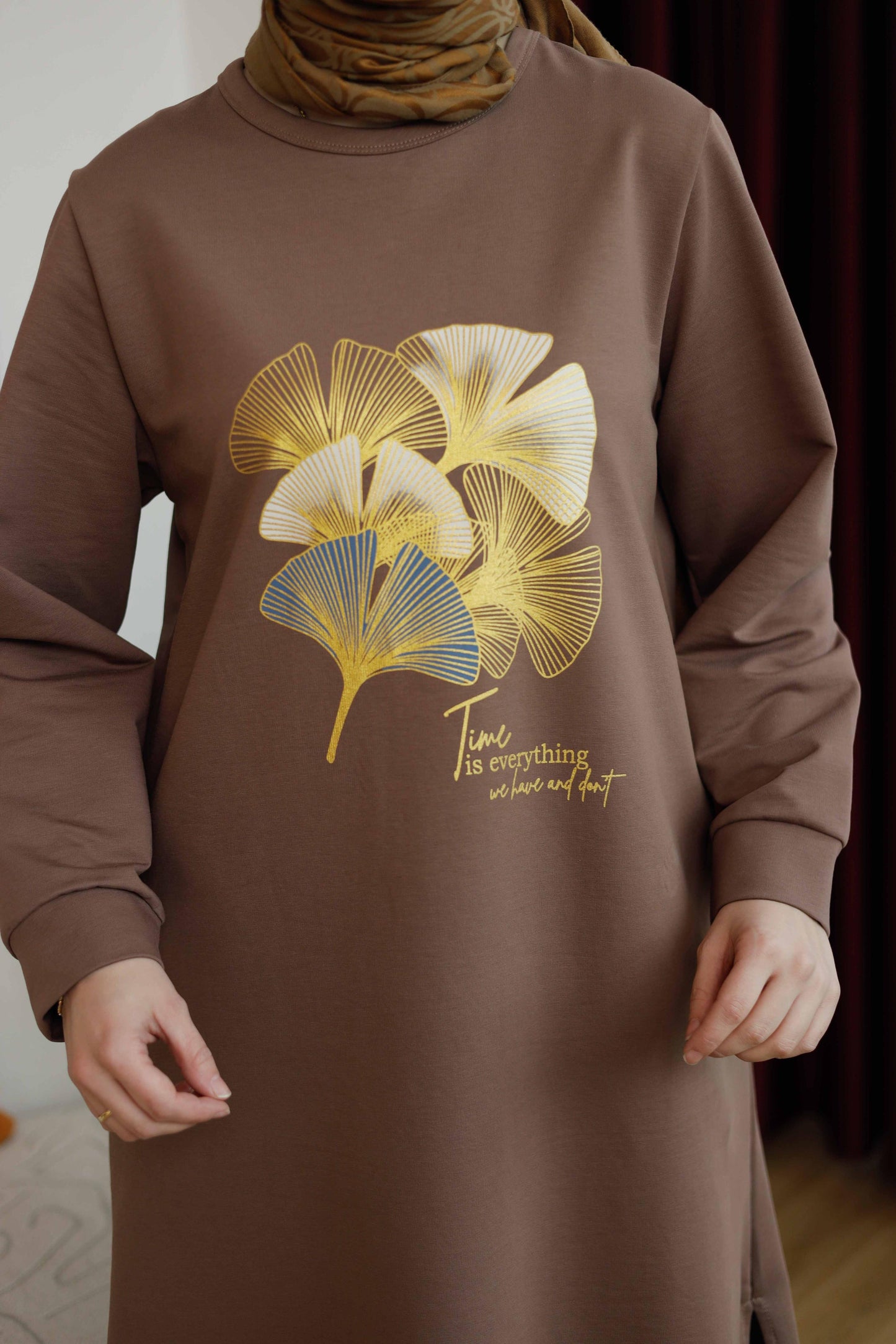 Yaprak baskılı 110 cm sweat tunik, kahve