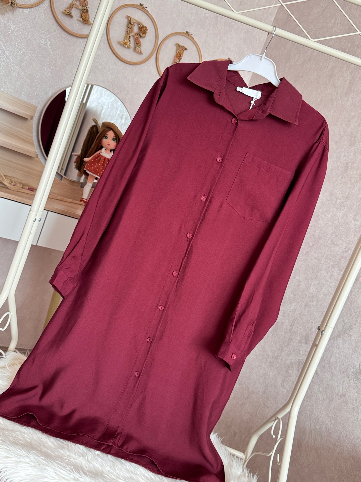 Modal kumaş düz gömlek tunik, bordo
