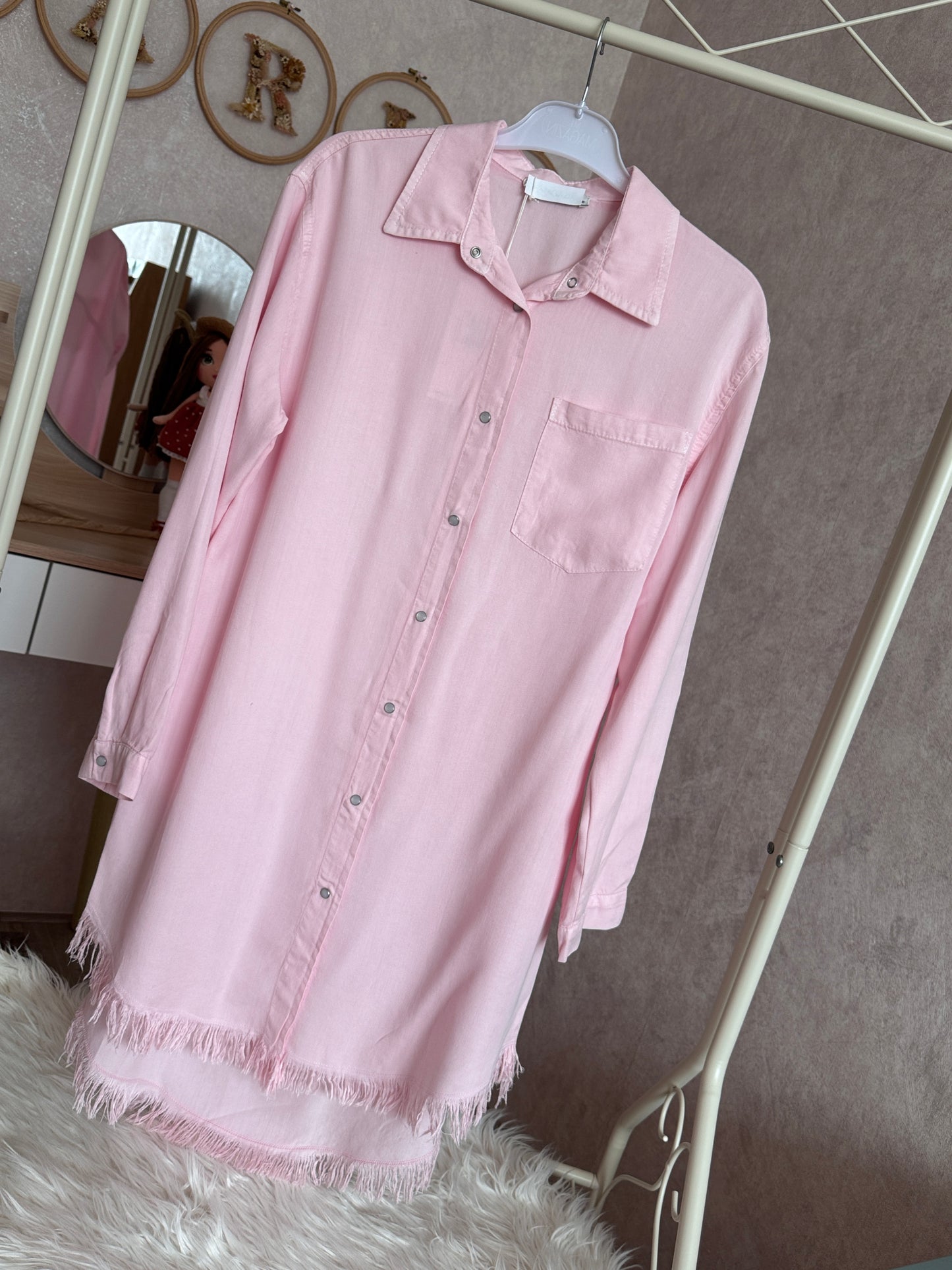 Tensel kumaş püsküllü gömlek tunik, pembe