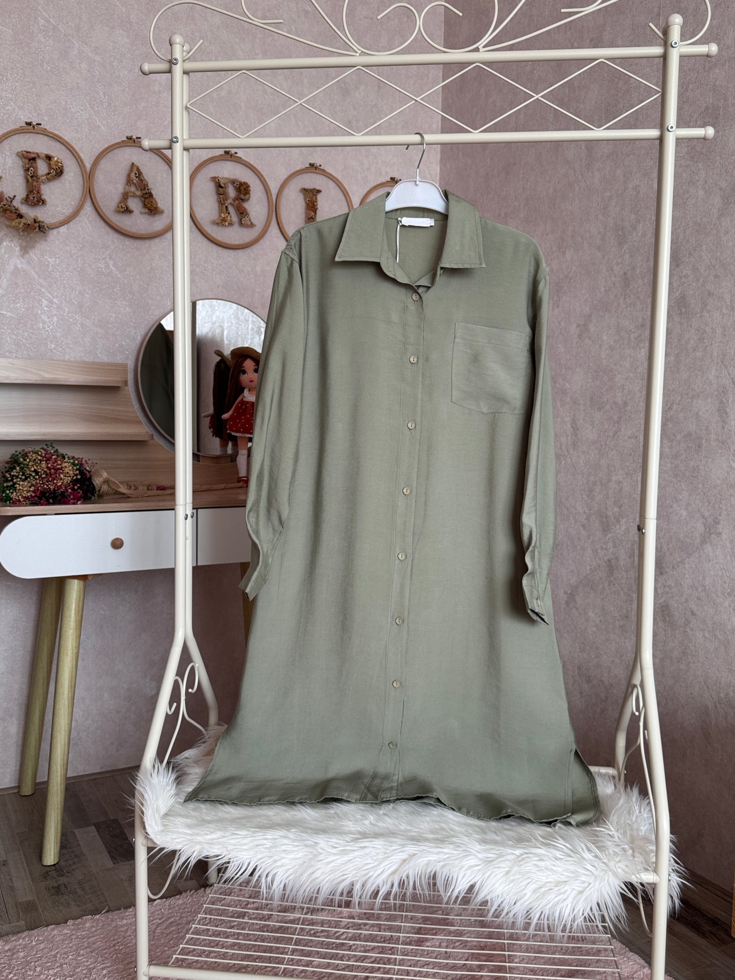 Modal kumaş düz gömlek tunik, yeşil