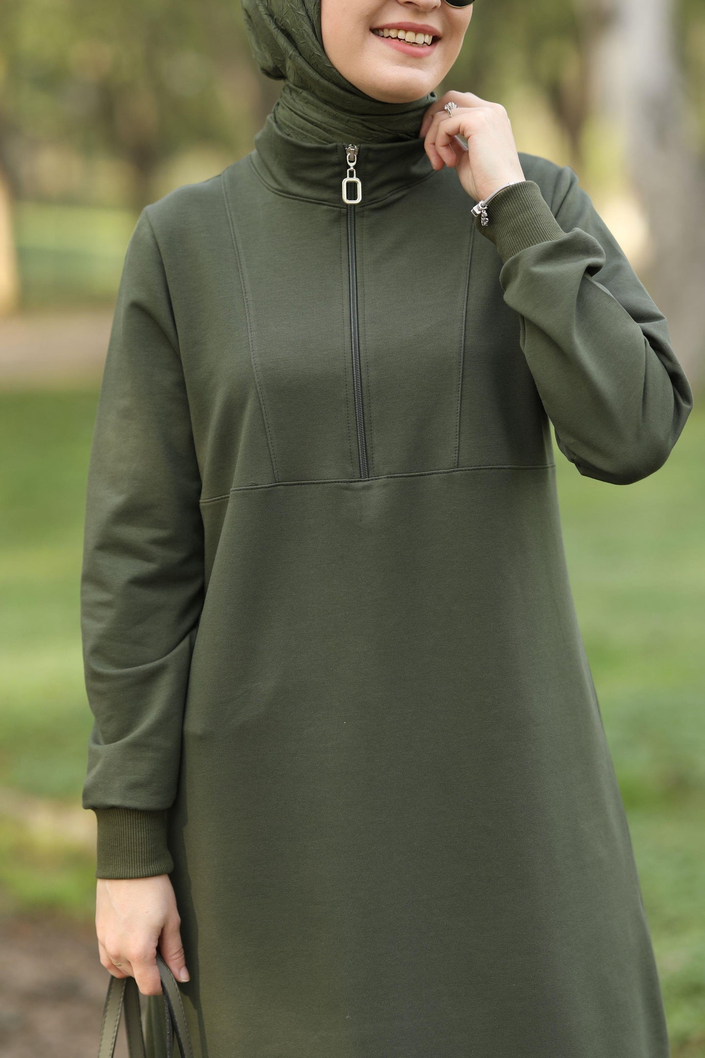 Yarım fermuarlı 110 cm sweat tunik, haki