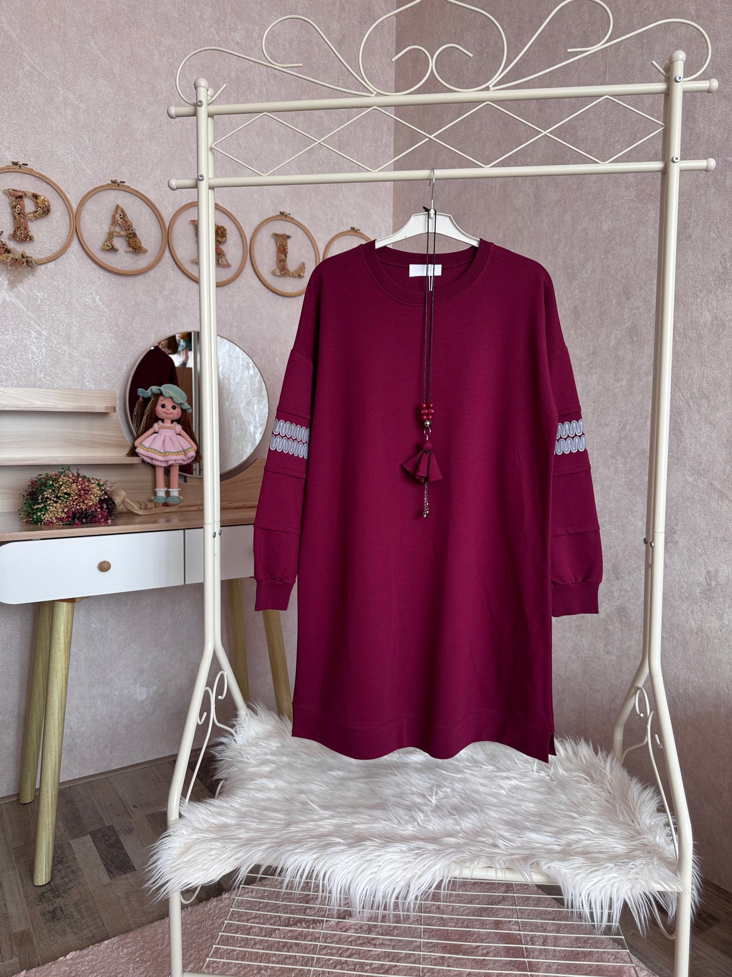 İki iplik penye tunik, kolları zikzak detaylı, bordo