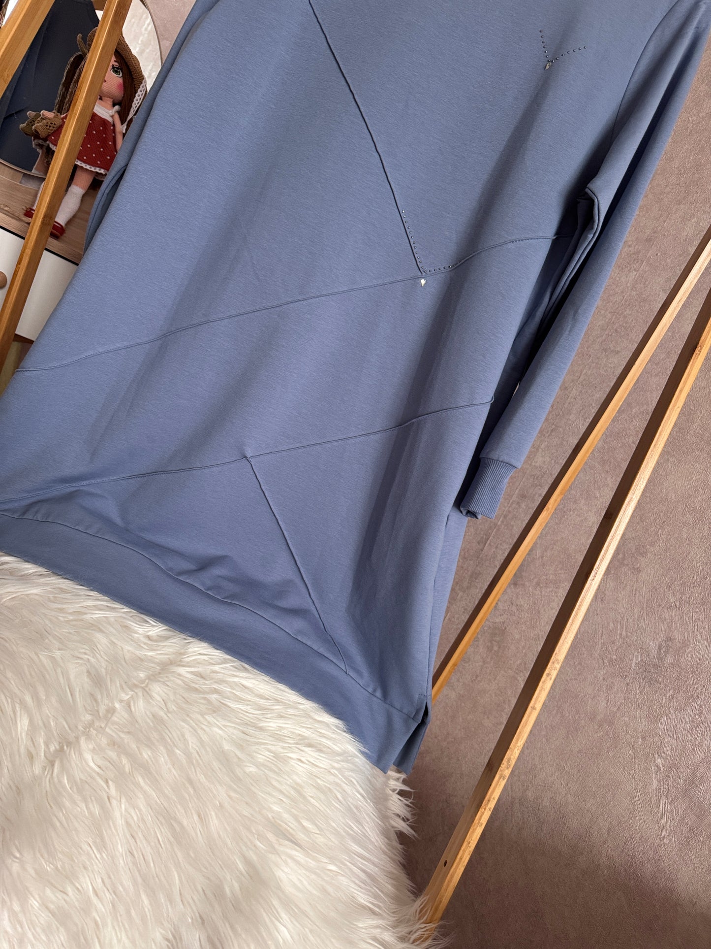 Önden dikiş ve taş detaylı tunik, mavi (40-46 beden)