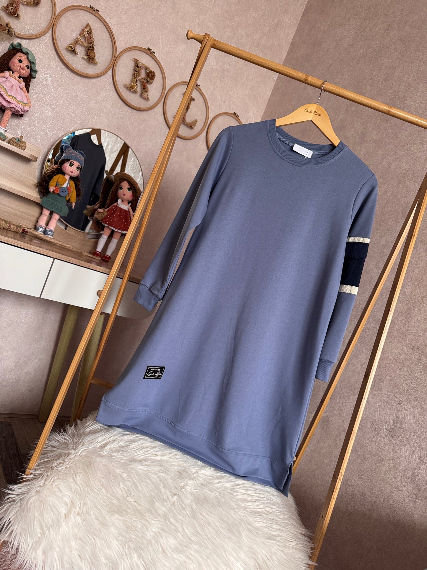 Kolu cep detaylı tunik, mavi (40-46 beden)