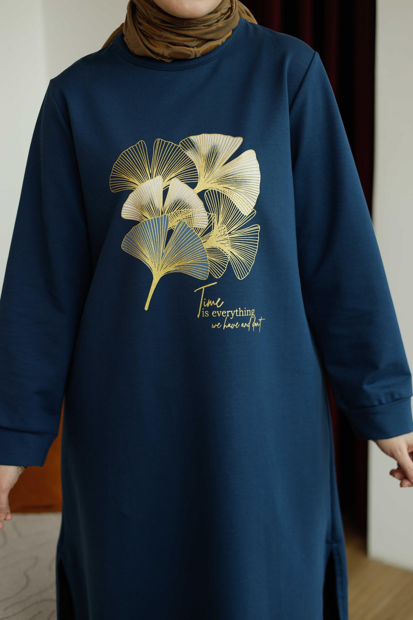 Yaprak baskılı 110 cm sweat tunik, lacivert