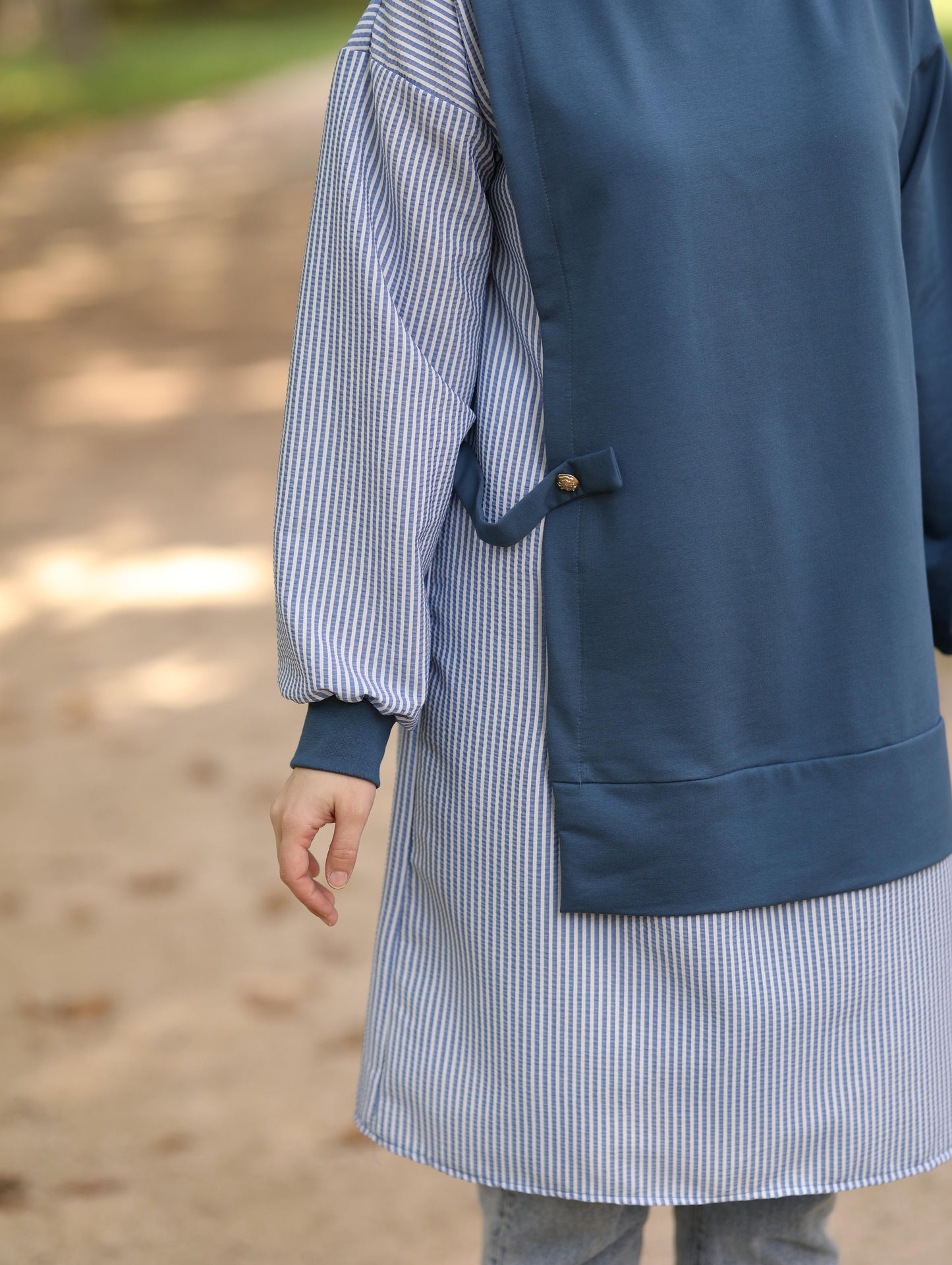 Gofre detaylı uzun sweat tunik, indigo