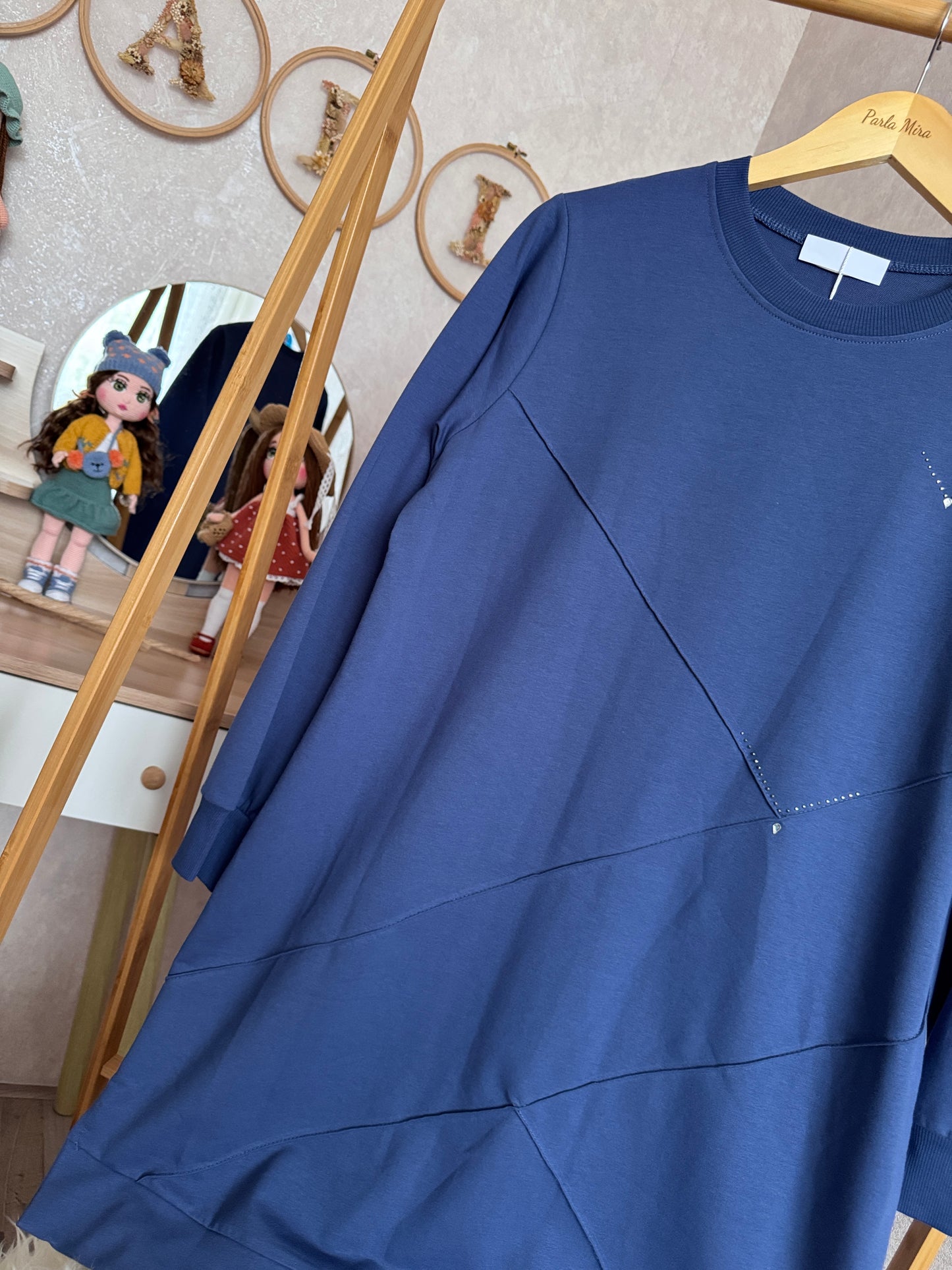 Önden dikiş ve taş detaylı tunik, indigo (40-46 beden)