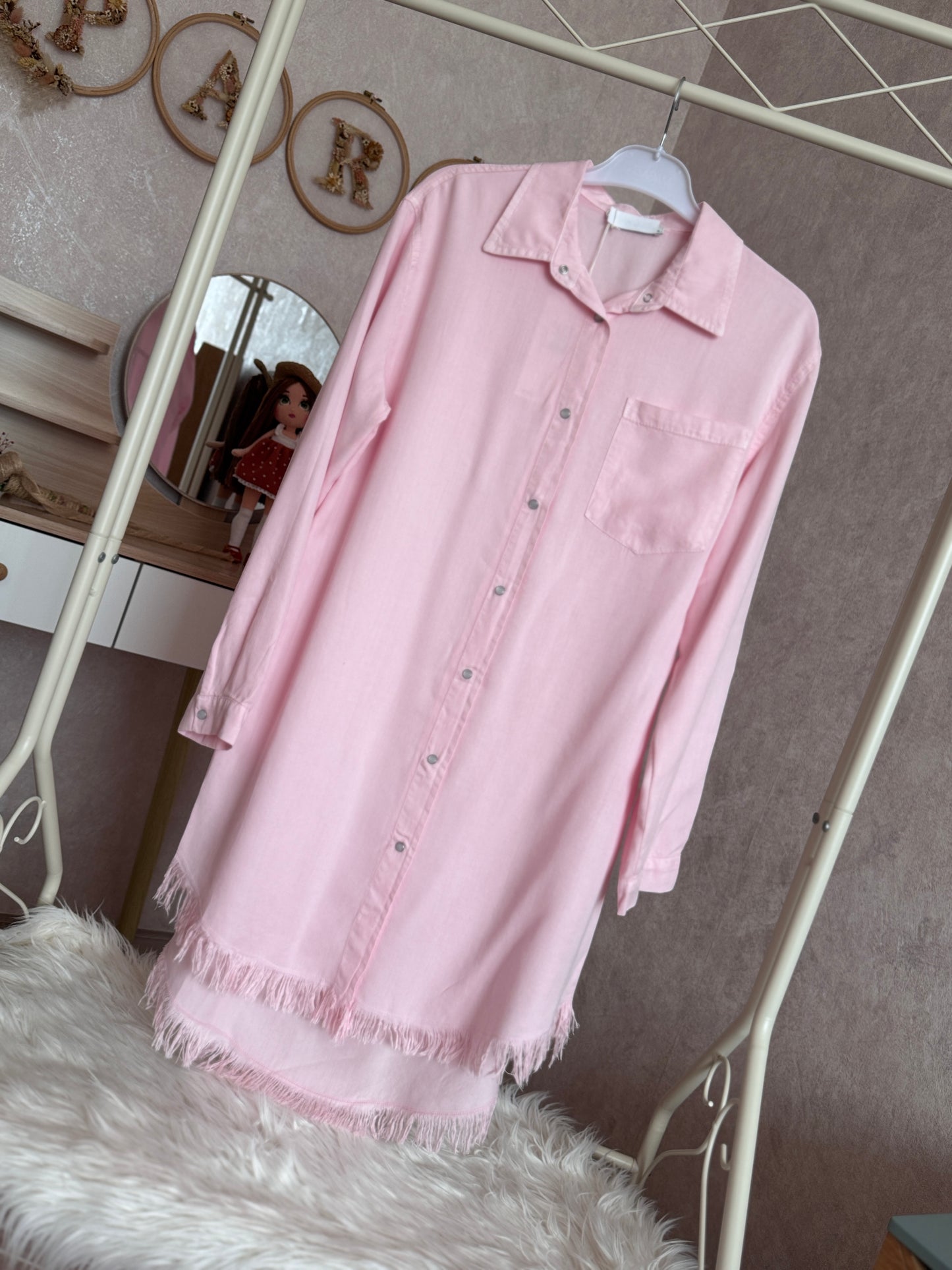 Tensel kumaş püsküllü gömlek tunik, pembe