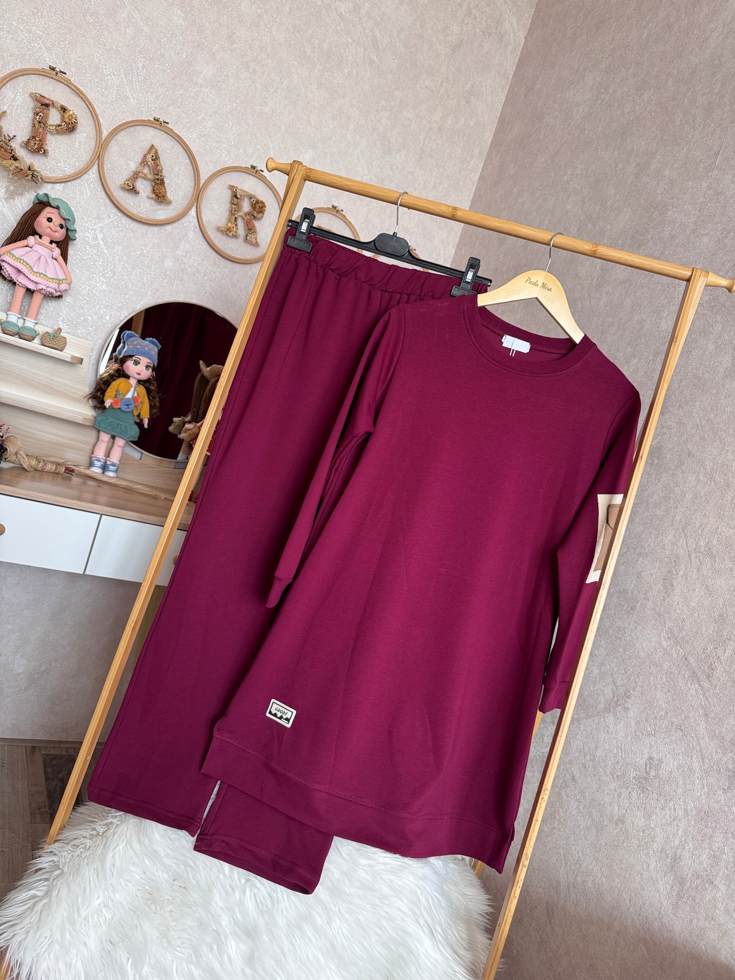 Tunik kolu cep detaylı takım bordo (40-46 beden)