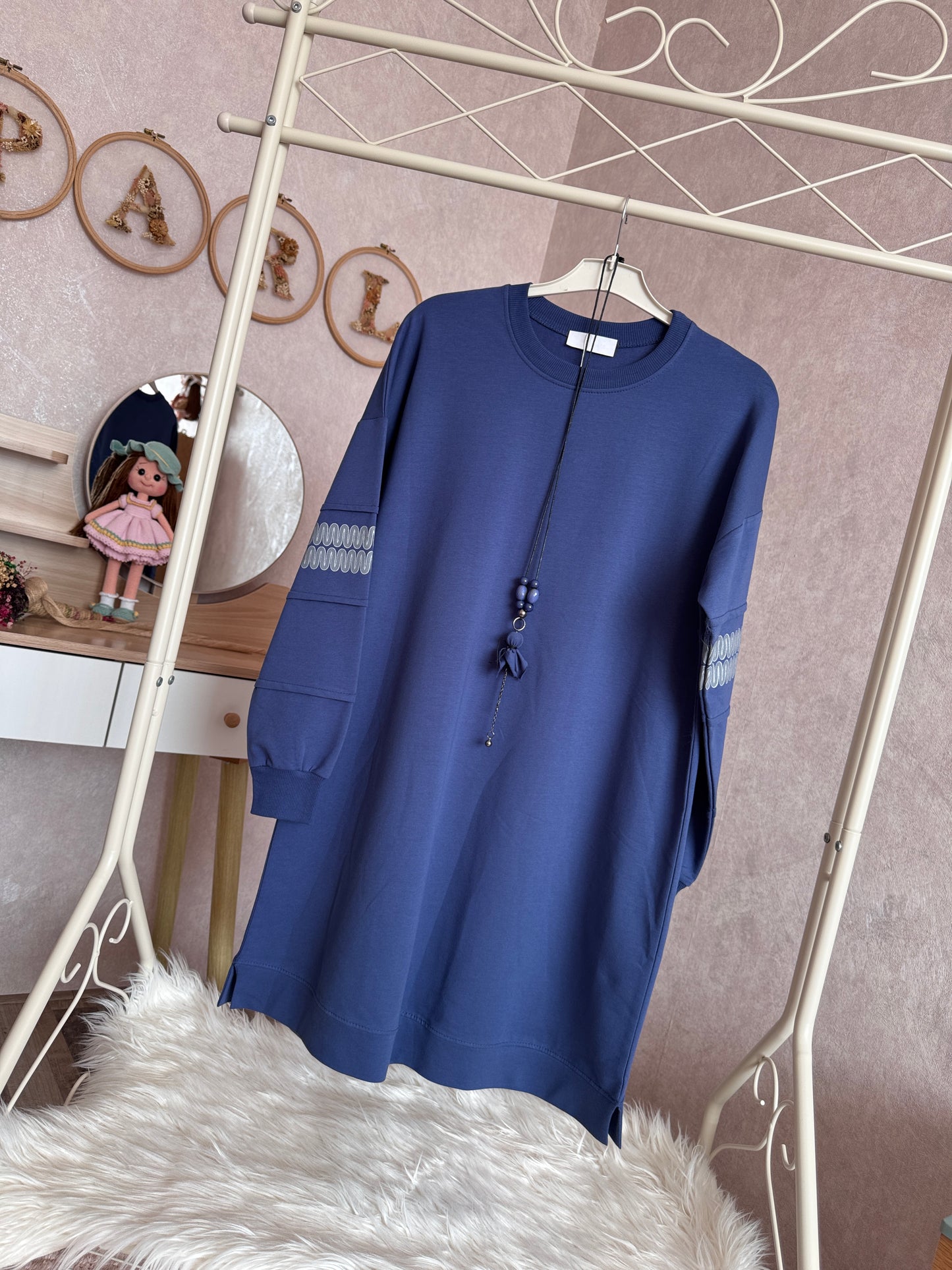 İki iplik penye tunik, kolları zikzak detaylı, indigo