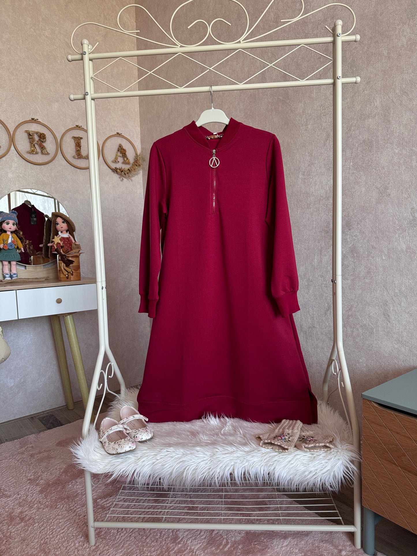 Yakası fermuarlı iki iplik tunik bordo