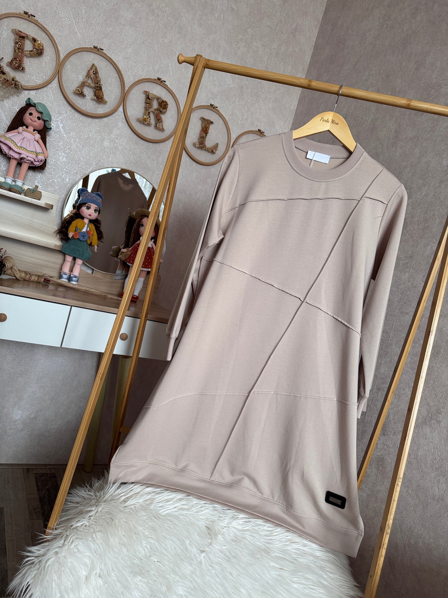 Önden dikiş detaylı tunik, bej (42-48 beden)