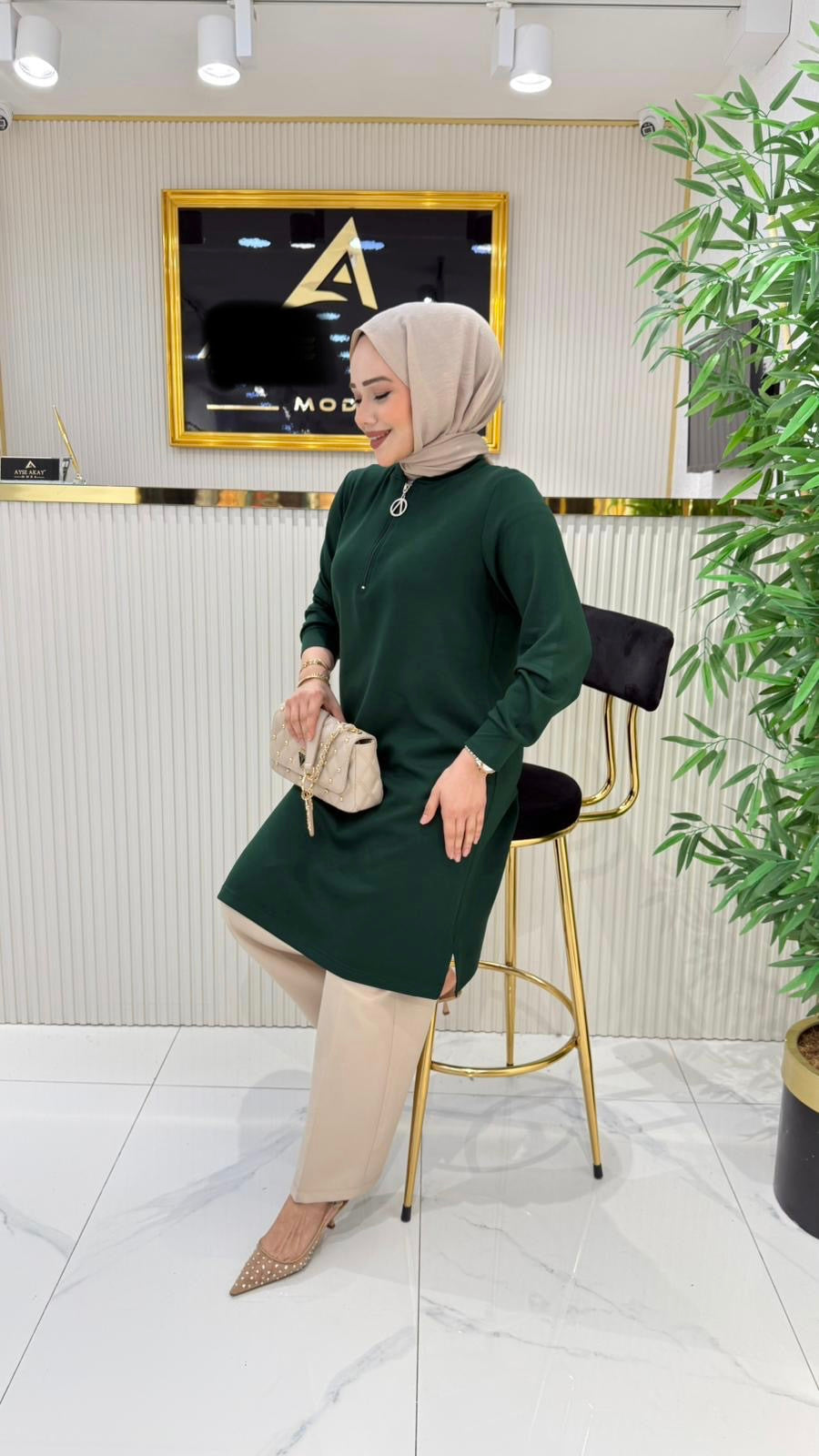 A kalite orijinal ince oysho kumaş tunik, yeşil