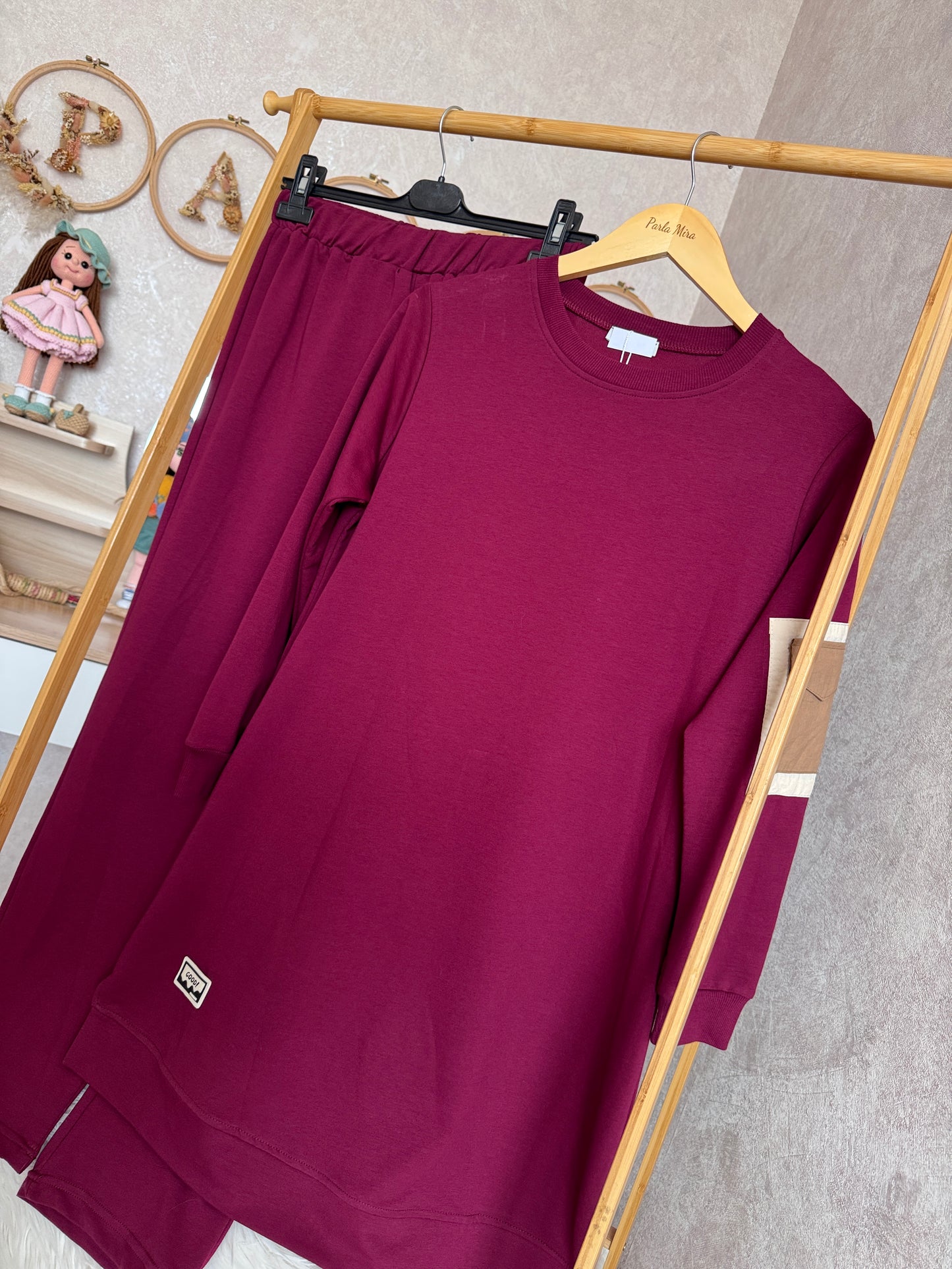 Tunik kolu cep detaylı takım bordo (40-46 beden)