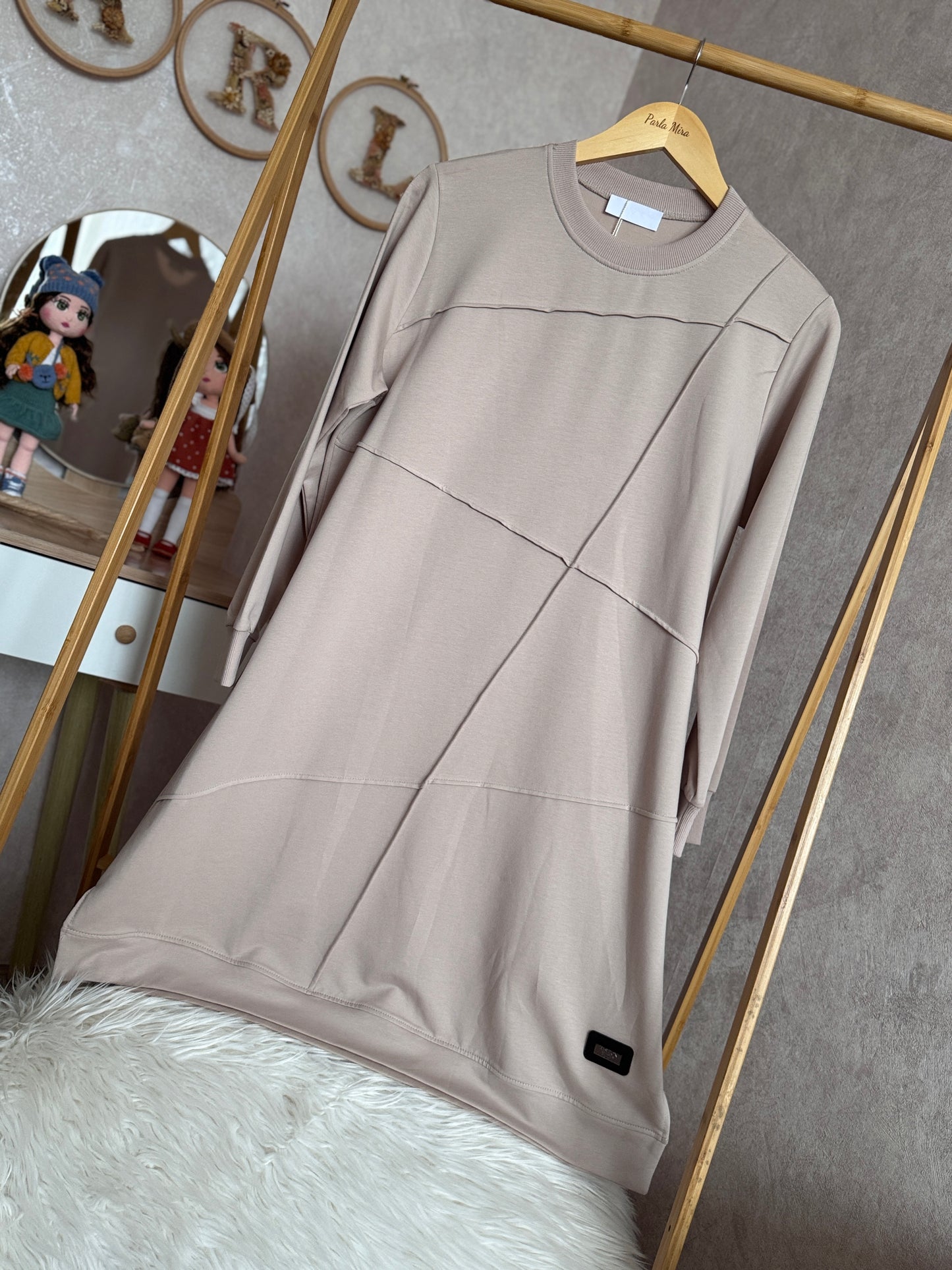 Önden dikiş detaylı tunik, bej (42-48 beden)