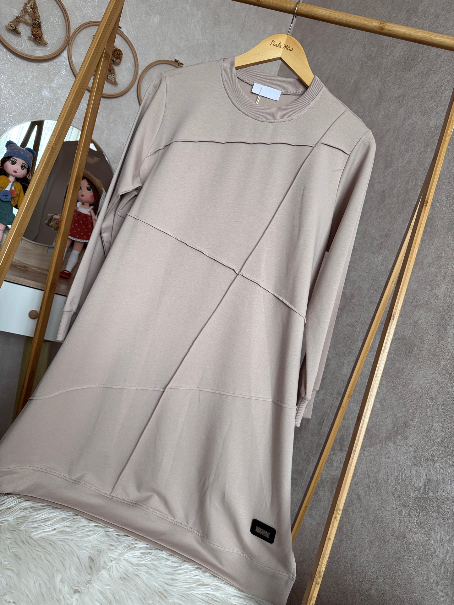 Önden dikiş detaylı tunik, bej (42-48 beden)