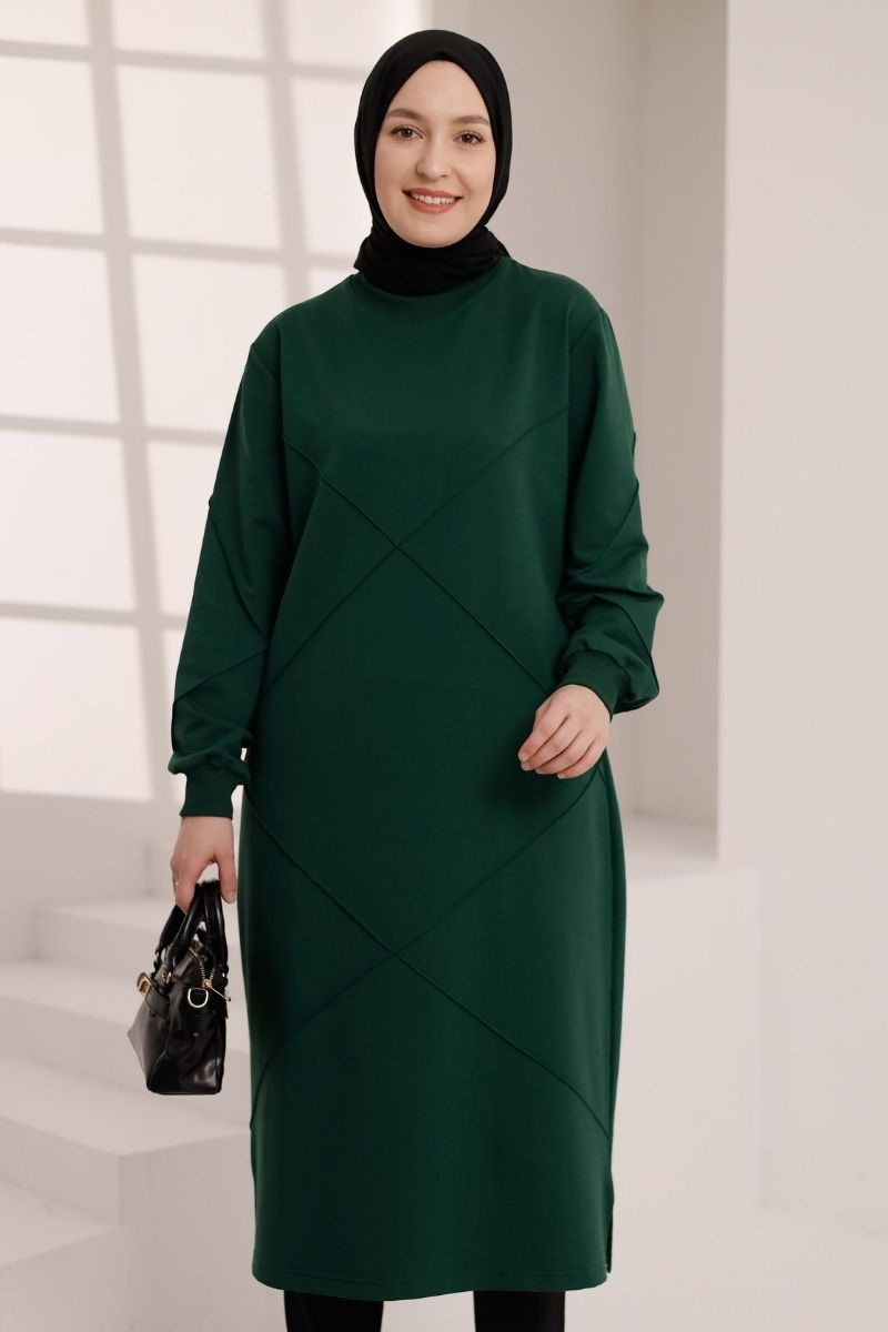 Dikiş detaylı 120 cm sweat tunik, zümrüt