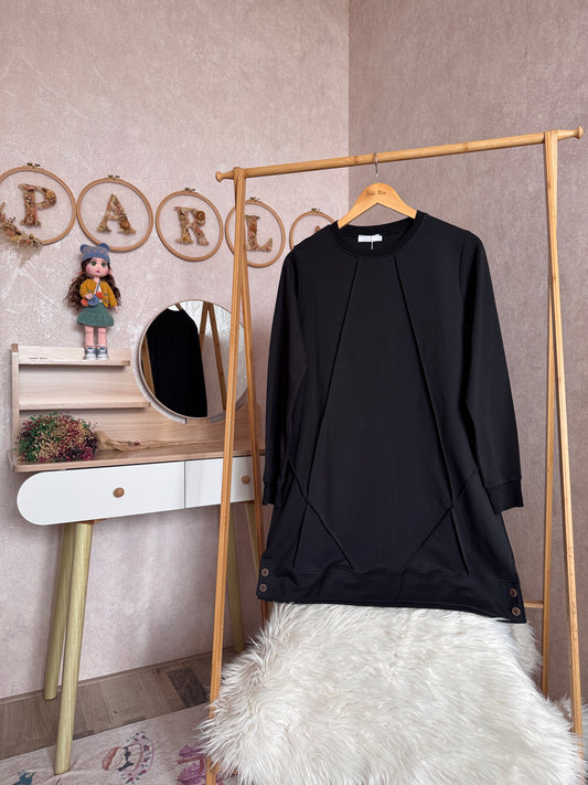 Düz tunik kısa düğme detaylı, siyah