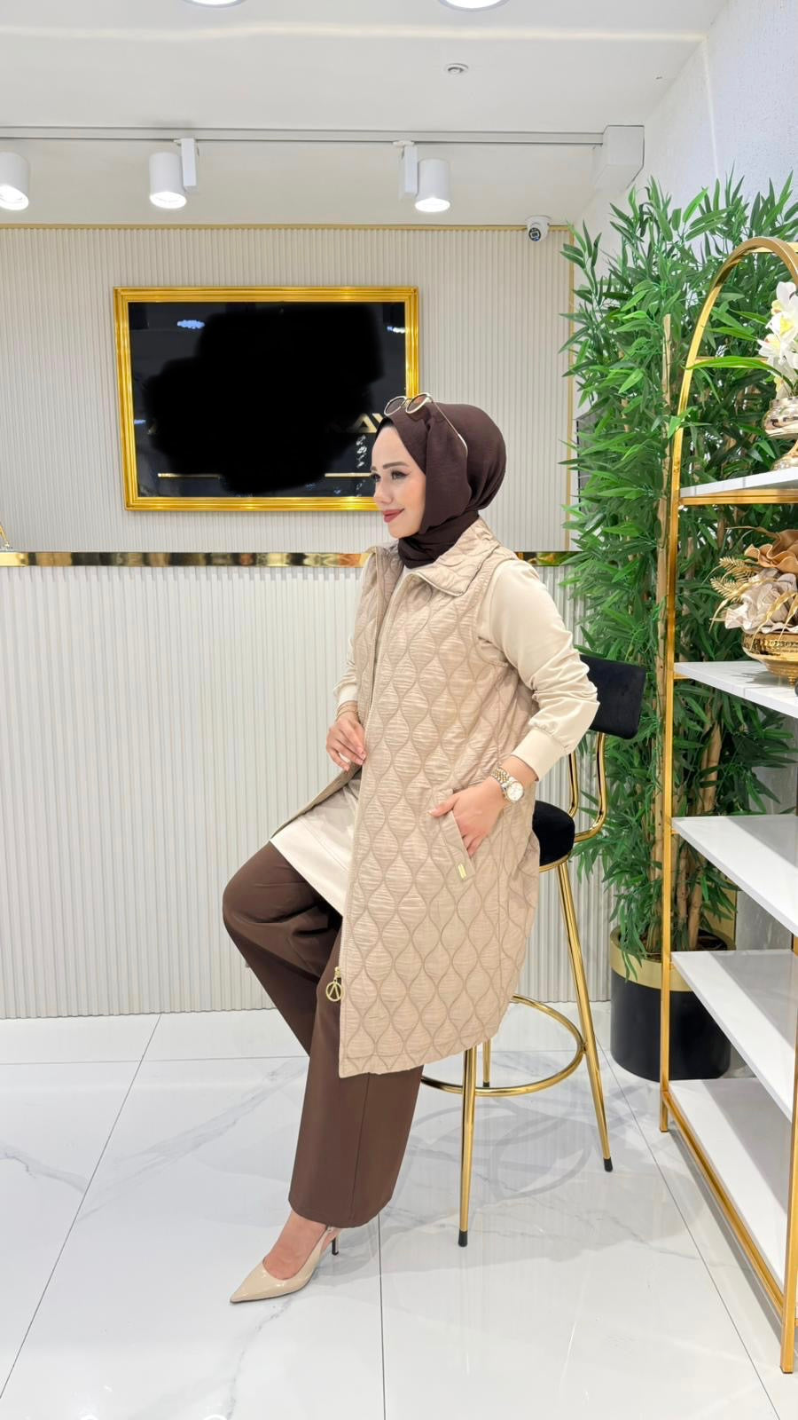 Kapitone yelek, 100 cm vizon