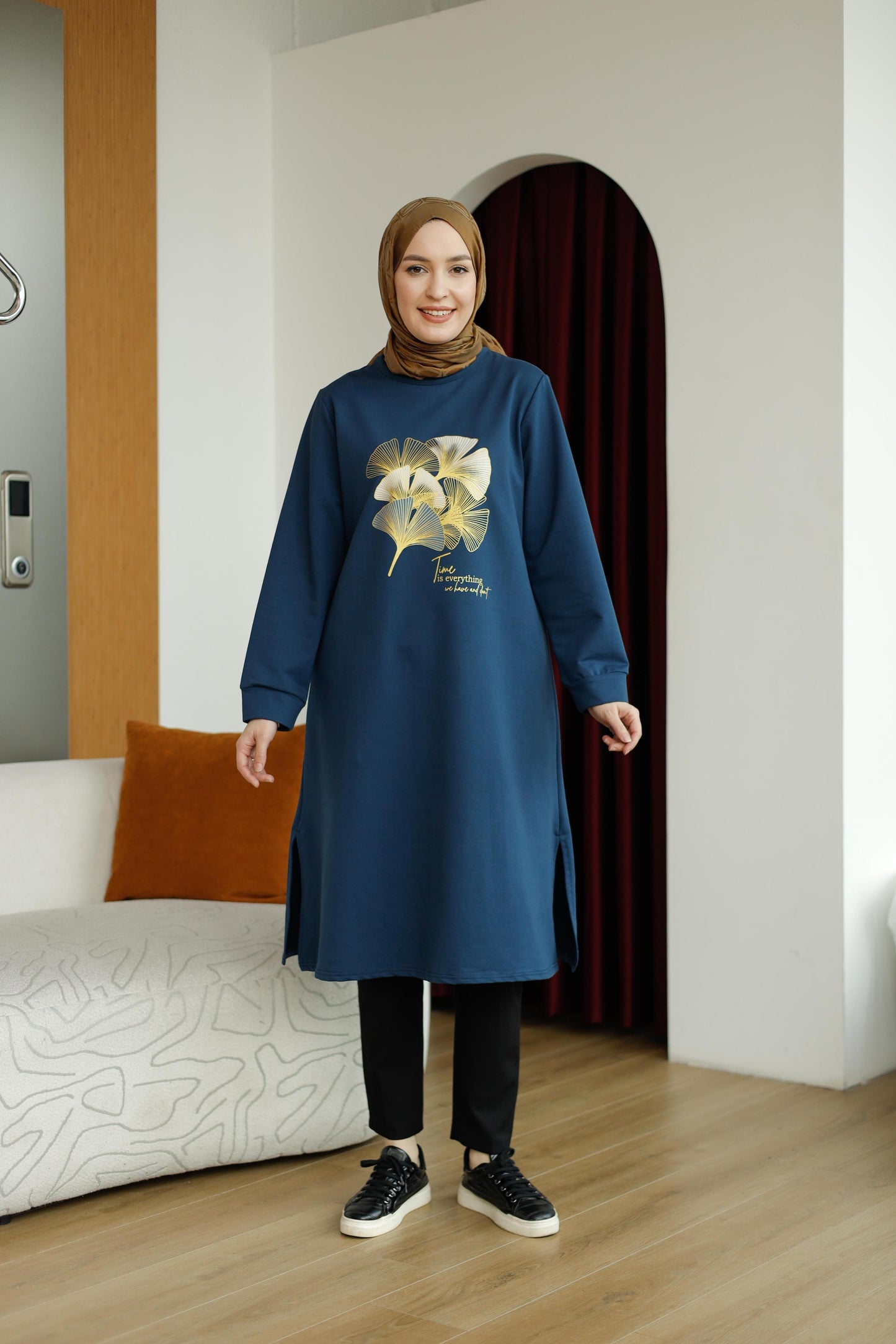 Yaprak baskılı 110 cm sweat tunik, lacivert