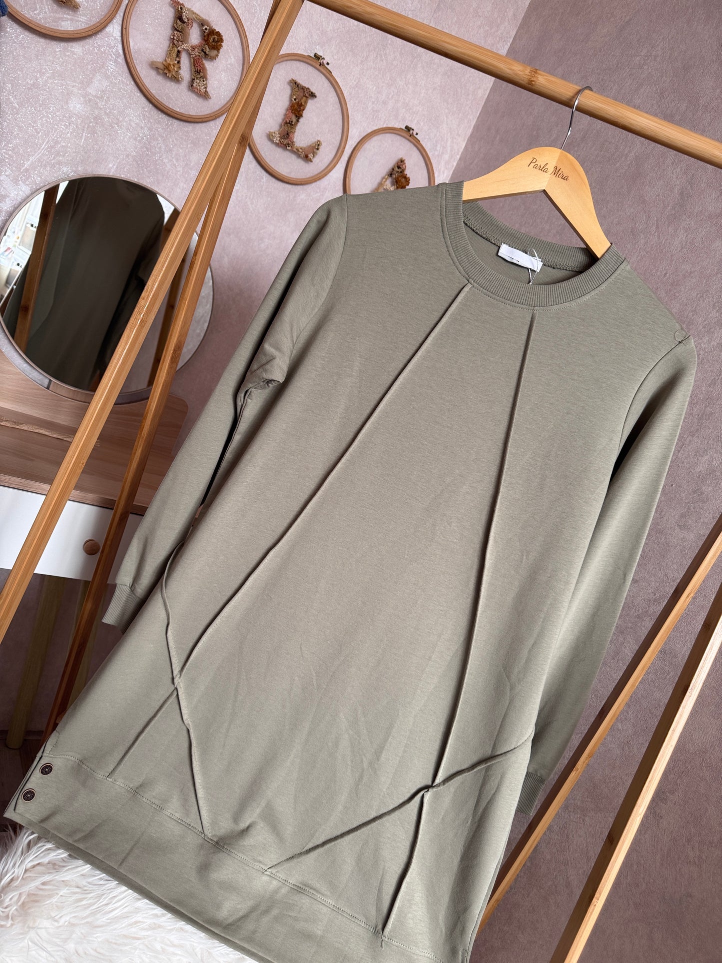 Düz tunik kısa düğme detaylı, yeşil