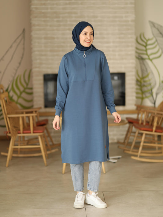 Yarım fermuarlı 110 cm sweat tunik, indigo