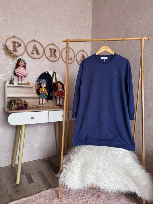 Önden dikiş ve taş detaylı tunik, indigo (40-46 beden)