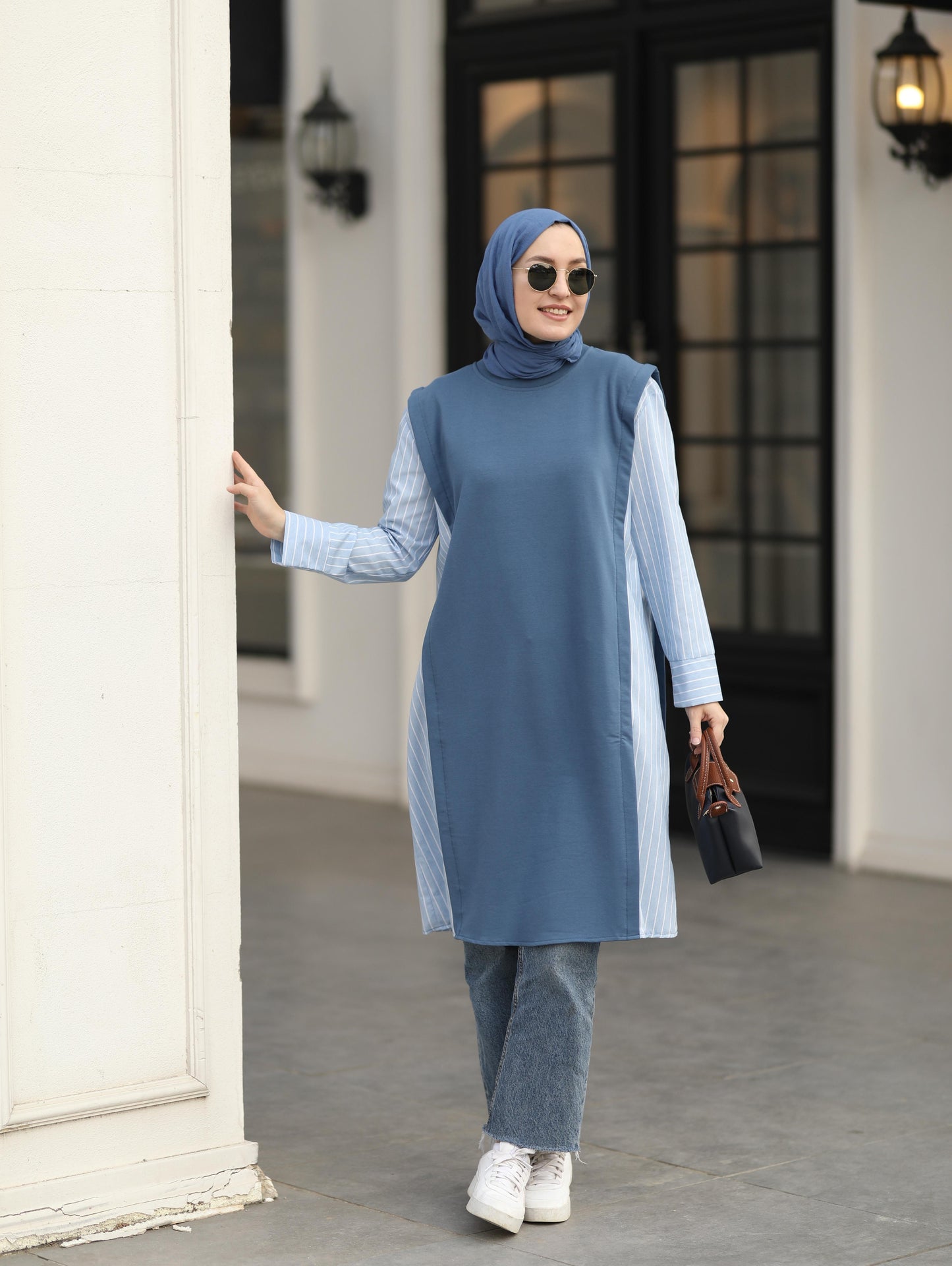 Gömlek detaylı uzun Sweat tunik, indigo