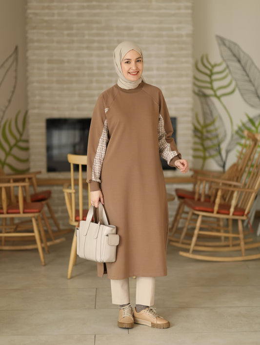 Tüvit garnili 120 cm sweat tunik, Camel