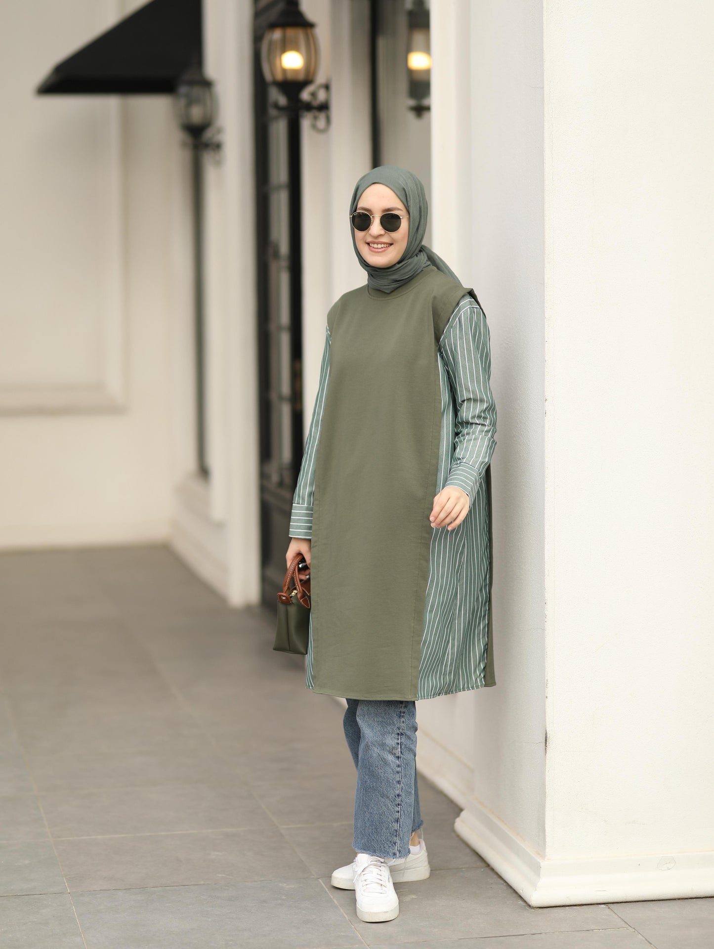 Gömlek detaylı uzun Sweat tunik, haki