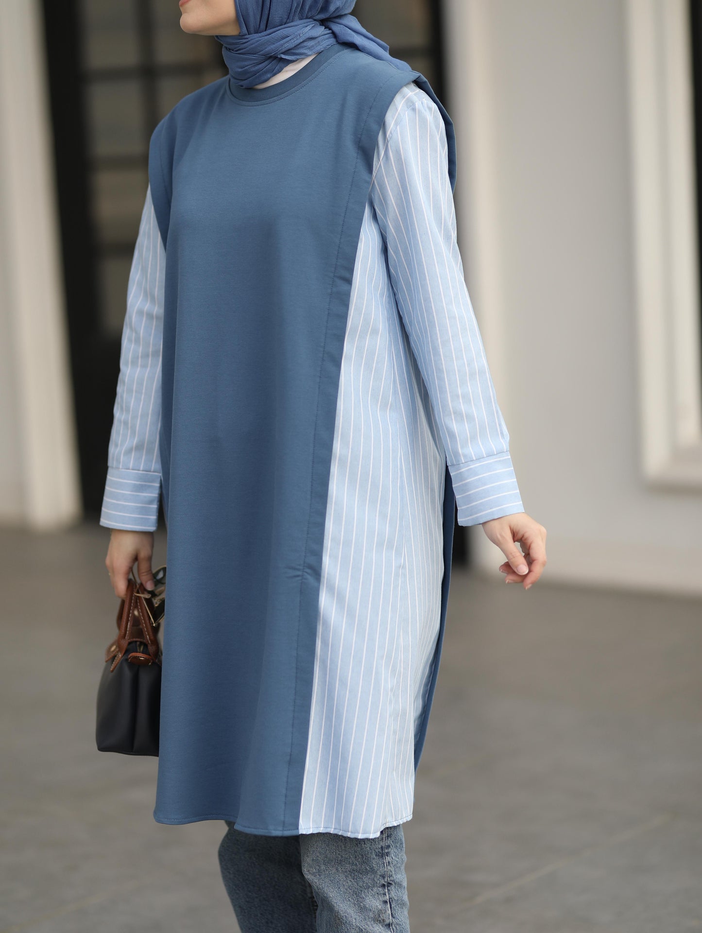 Gömlek detaylı uzun Sweat tunik, indigo